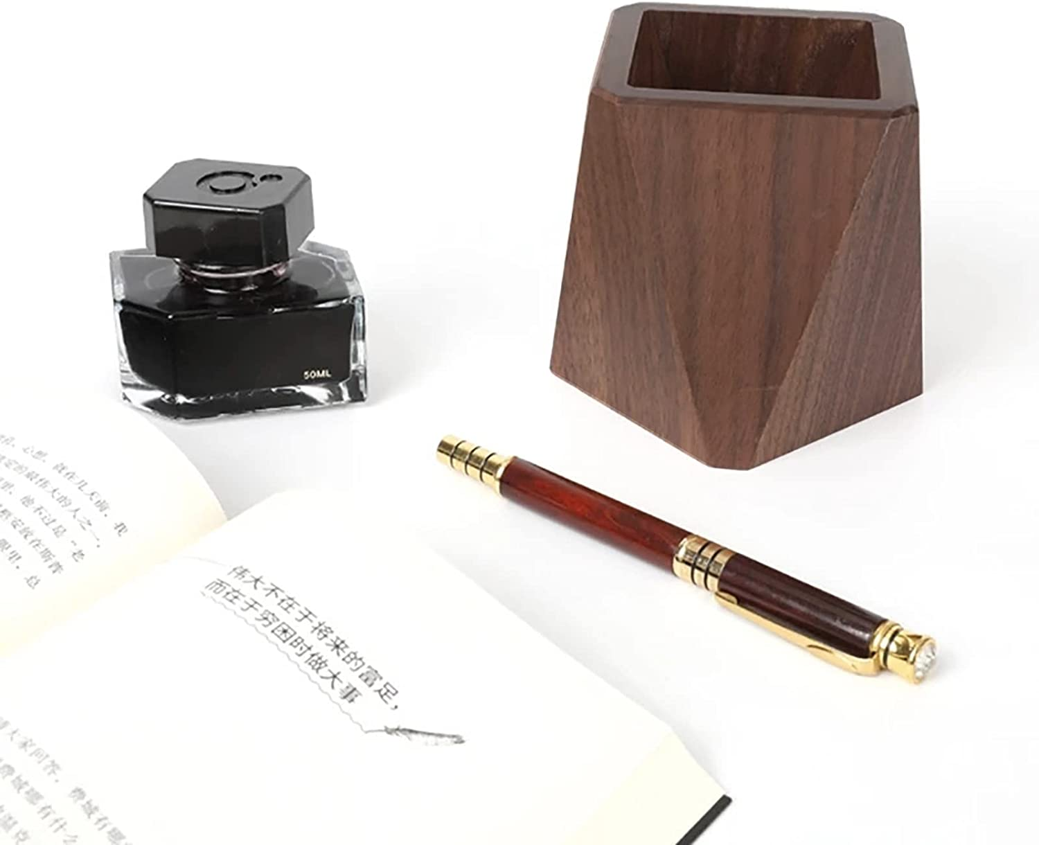 Black Walnut Wooden Pencil Box, Multiple-Use Desk Writing Stationary Organizer Wood Pen Holder Cups Office School Supplies Storage (Prismatic Shape) image number 2