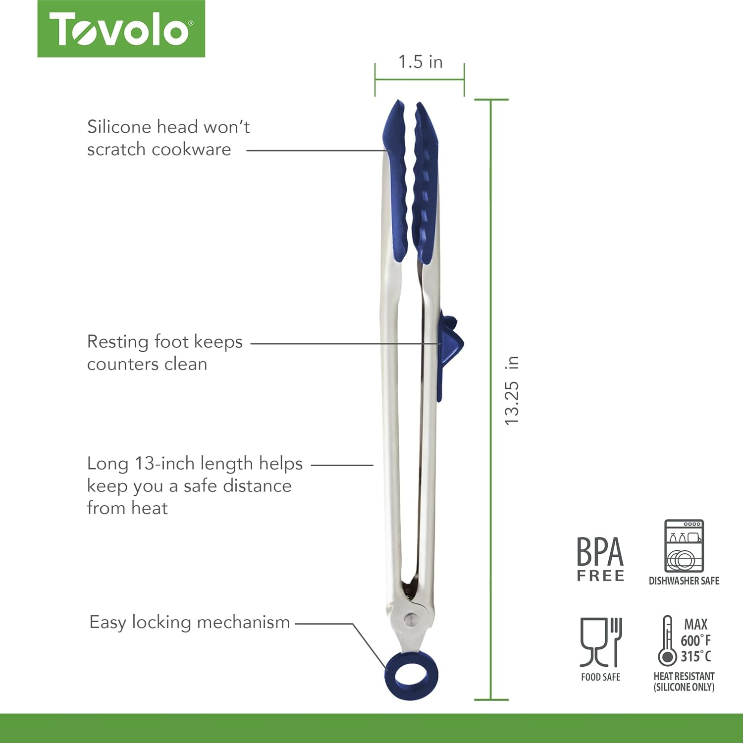 Tovolo Tip Top Tongs, Easy-Grip Kitchen Tongs for Cooking with Silicone Tips, Easy Locking Mechanism, Cooking Utensil with Resting Foot, Heat-Resistant & Bpa-Free Silicone Tips, Deep Indigo image number 2