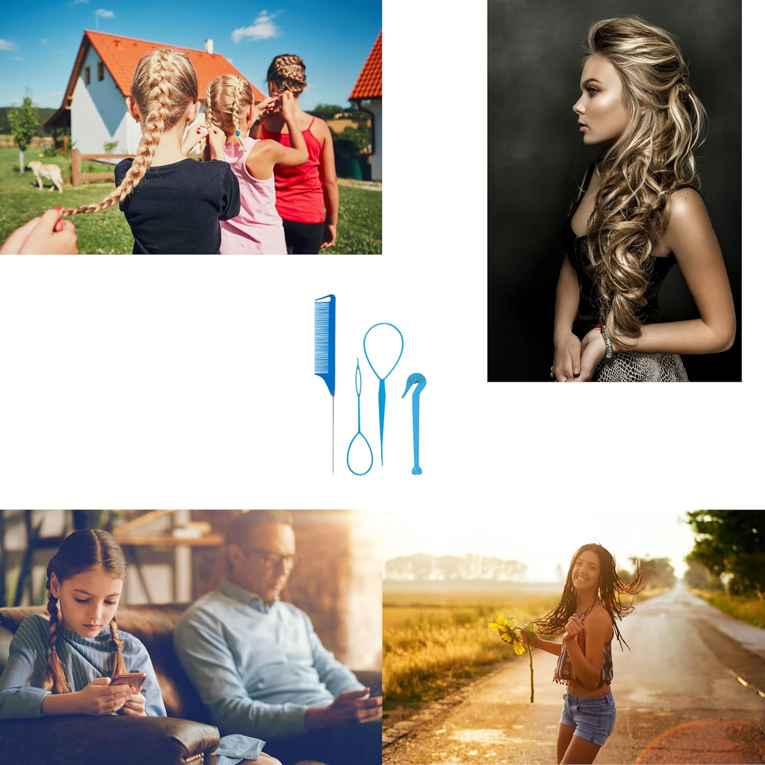 4 Piece Hair Braiding Tool Kit Professional Hair Styling Set for Perfect Braids, Includes Hook, Comb, Clips, and Accessories Ideal for Beginners and Expert (Blue)