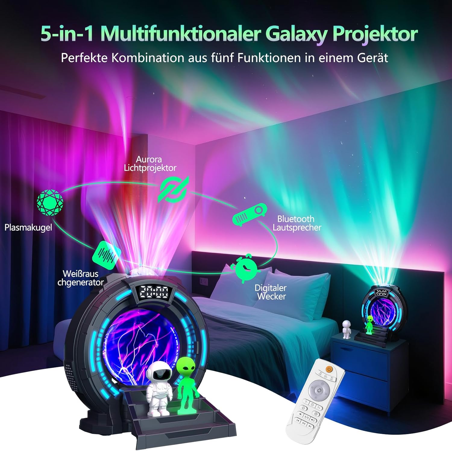 Galaxy Projector Starry Sky Projector Aurora Lamp with 8 Aurora Lights & 8 White Noise, Astronaut Projector with Plasma Ball, Bluetooth Speaker, Clock & Alarm Clock, Children image number 5