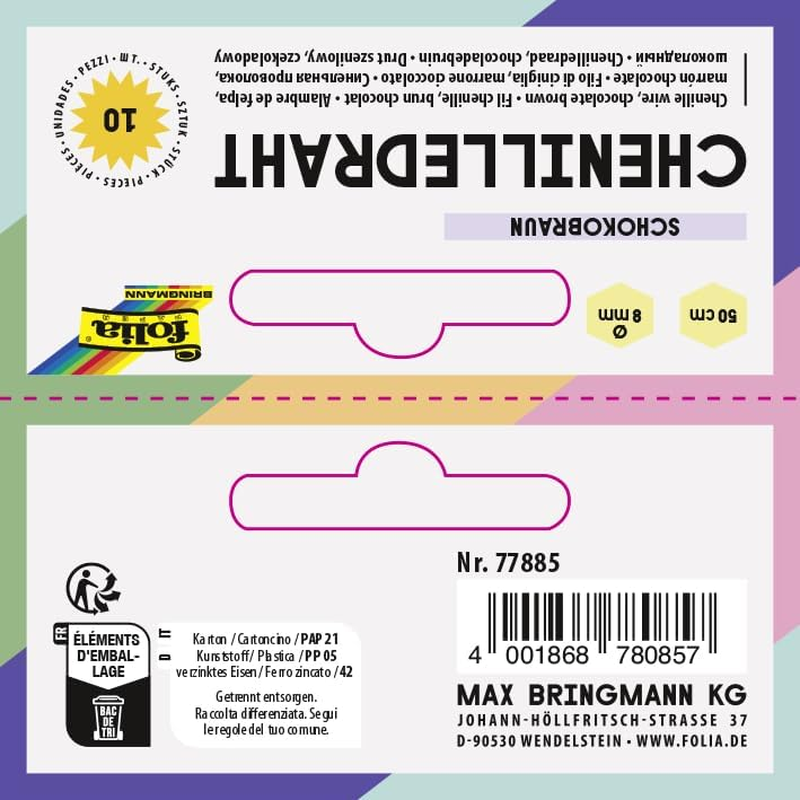 Folia 77885 Chenille Wire, Pipe Cleaners, Pack of 10 in Brown, Diameter 8 Mm and 50 Cm Long, Ideal for Children for Crafts and Designing Animals, Figures and Other Shapes image number 4