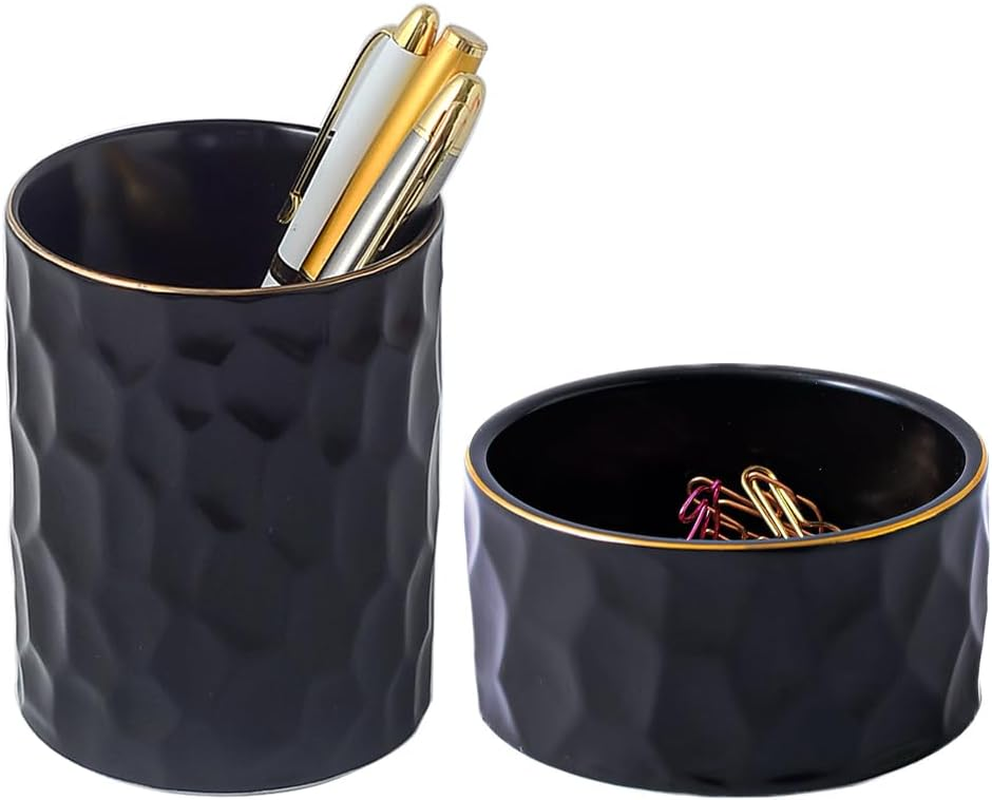 YOSCO Desk Organizer Set of 2 for Office, Ceramic Pen Holder and Paper Clip Holder, Cute Pencil Cup Pot for Desk, Paper Clip Dispenser for Desktop, Makeup Brush Holder, Ideal Gifts (Black Set)