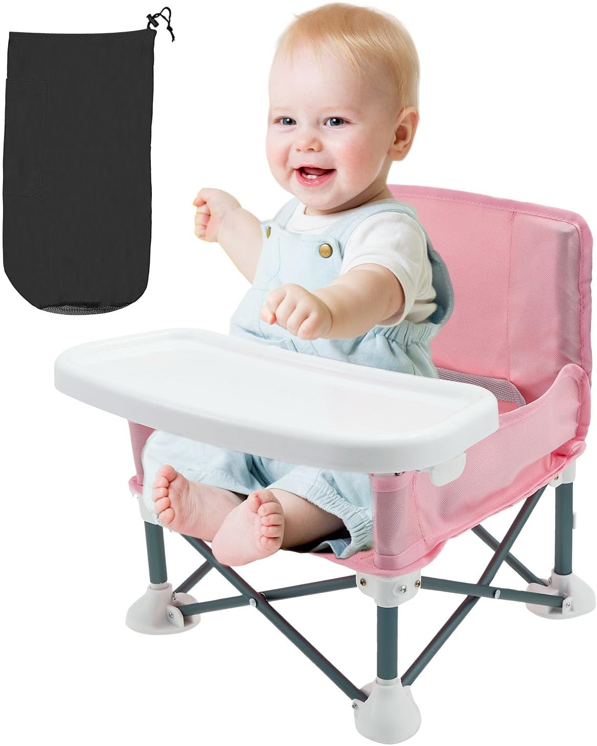 Baby Booster Seat Highchair, Portable Toddler Booster Seat High Chair with Child Safety Belt and Rear Storage Pocket Foldable Baby Floor Seat with Removable Feeding Tray for Indoor and Outdoor Use (Pink)
