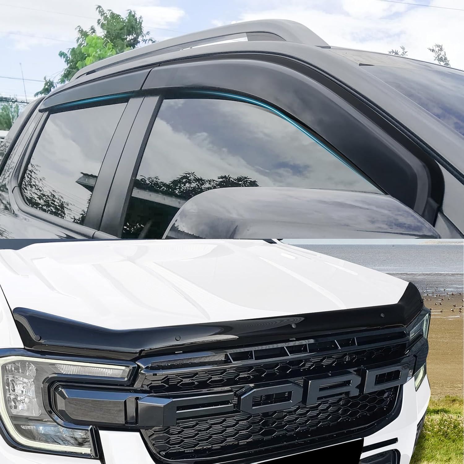 SUERAUTO4X4 Bonnet Protector Weather Shields for Ford Ranger Next Gen 2022-2025 Accessories,Tinted Black Bonnet Stone Guard Weathershields Window Visors Wind Deflectors Injection, 5Pcs/Set image number 2