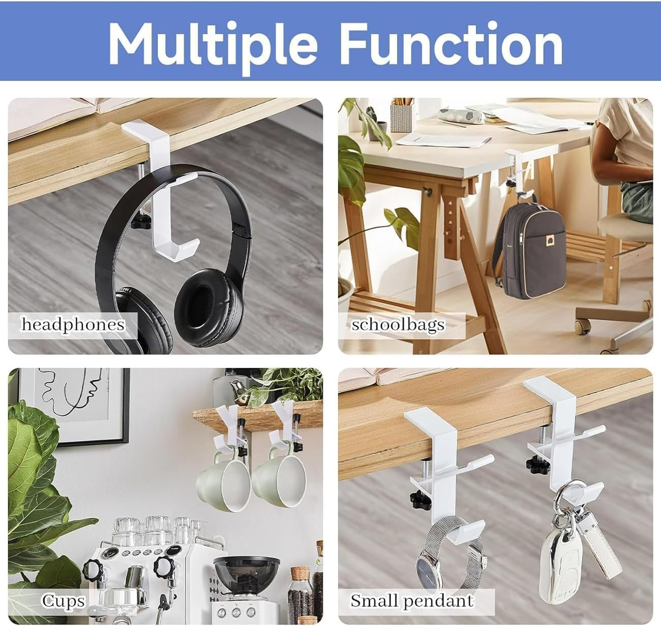 Purse Hook for Table, WADY 2 Pack Metal Headphone Hook, Desk Mount Bag Holder Hook Clamp, Universal under Desk Hook Handbag Hanger Holder Students Desk Hook with Adjustable Arm Clamp (White)