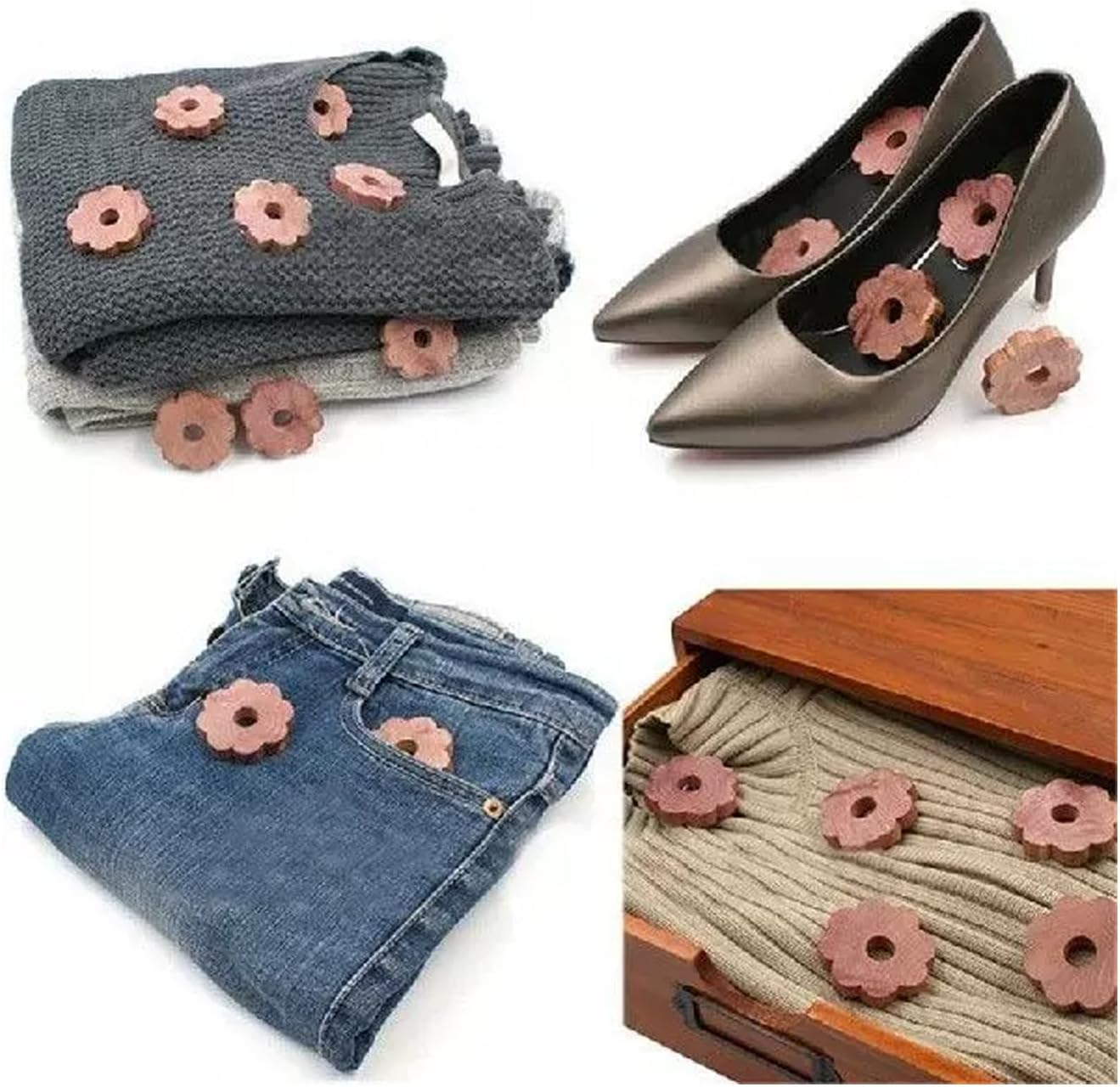 Yotsuba Cedar Rings, 12-Pack Cedar Rings for Clothes Storage - Natural Scented Insect Repellent for Moth Control - Easy to Hang on Hangers - Safe for Clothes, Linen, and Homes (Flower Ring)