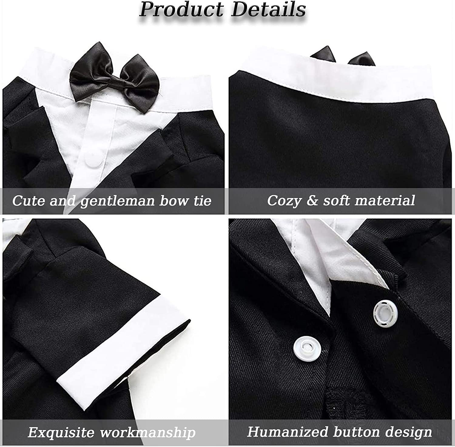 Dog Shirt Puppy Clothes, Pet Wedding Suit Formal Tuxedo with Black Bow Tie, Dog Outfit for Small Medium Dogs Cats, Dog Weding Attire Dress up Cosplay Prince Costume Gentleman Apparel (Large, Black) image number 6