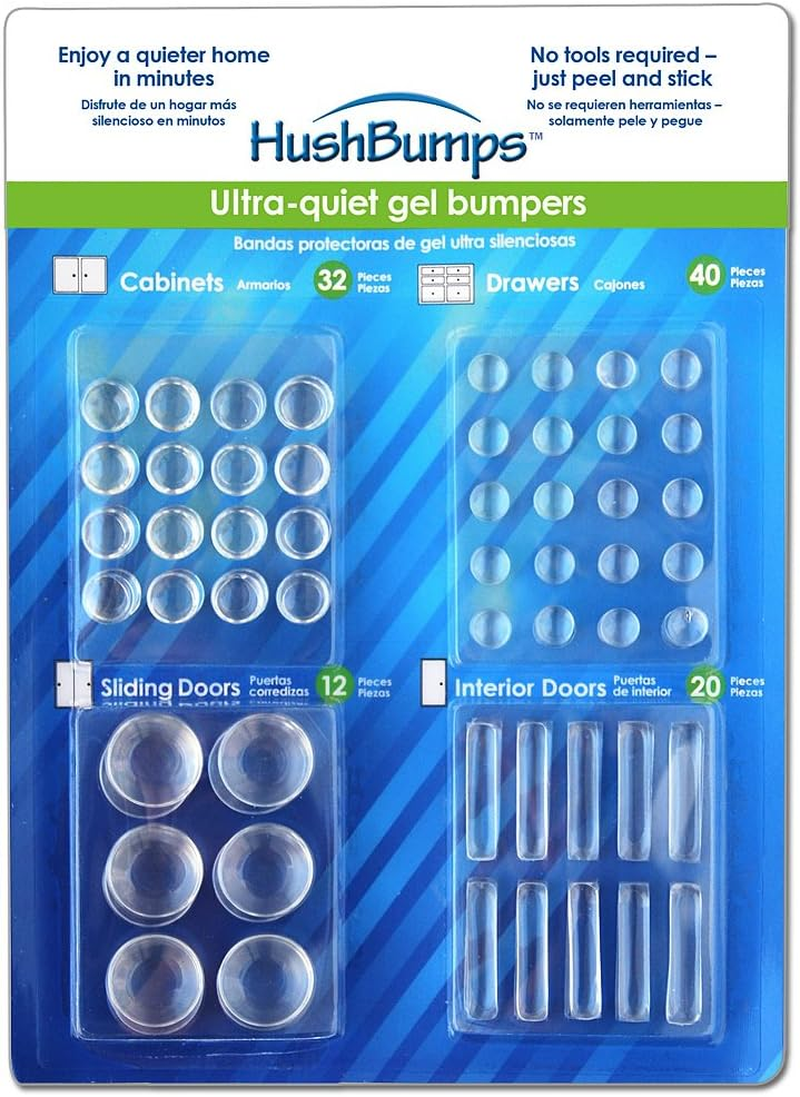 Hushbumps Ultra-Quiet Gel Bumpers. Made from Sound Dampening Polymer Gel. 104 Piece Value Pack Contains Cabinet Bumpers Door Bumpers Sliding Door Bumpers & Drawer Bumpers. Just Peel & Stick! image number 4