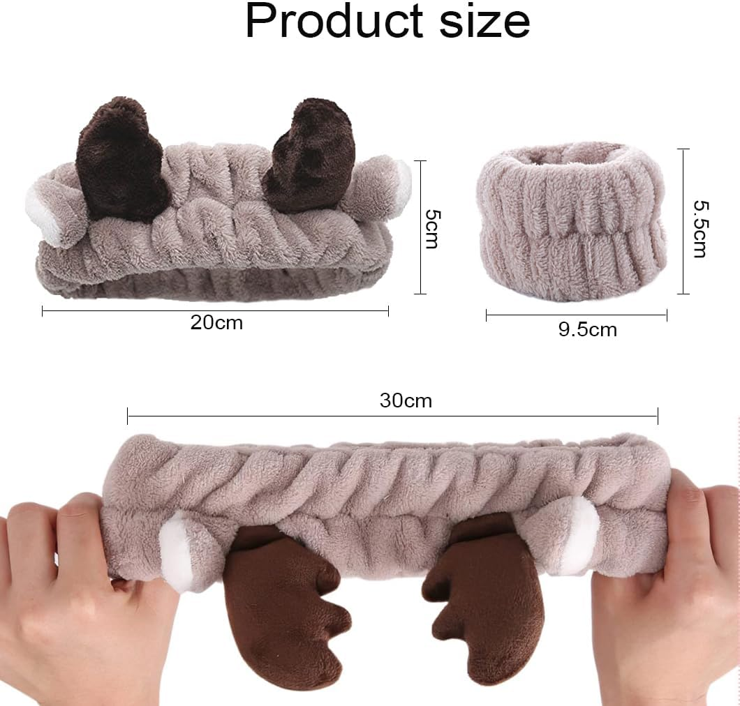 Youery Headband Bracelet Sets Hair Band Makeup Antlers Brown Face Wash Hair Bands Spa Headband Soft Elastic Hair Band Wrist for Girls Face Washing Makeup Shower image number 2