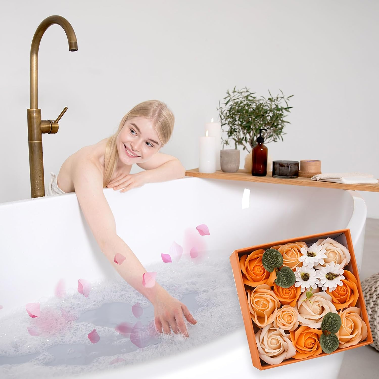 Rose Bath Soap - Rose Flower Floral Scented Rose Soap Petals in Flower Box, Transparent Window Soap Flower for Women Plant Essential Oil Flower Soap Set for Birthday Valentine&rsquo;S Christmas （Orange） image number 6