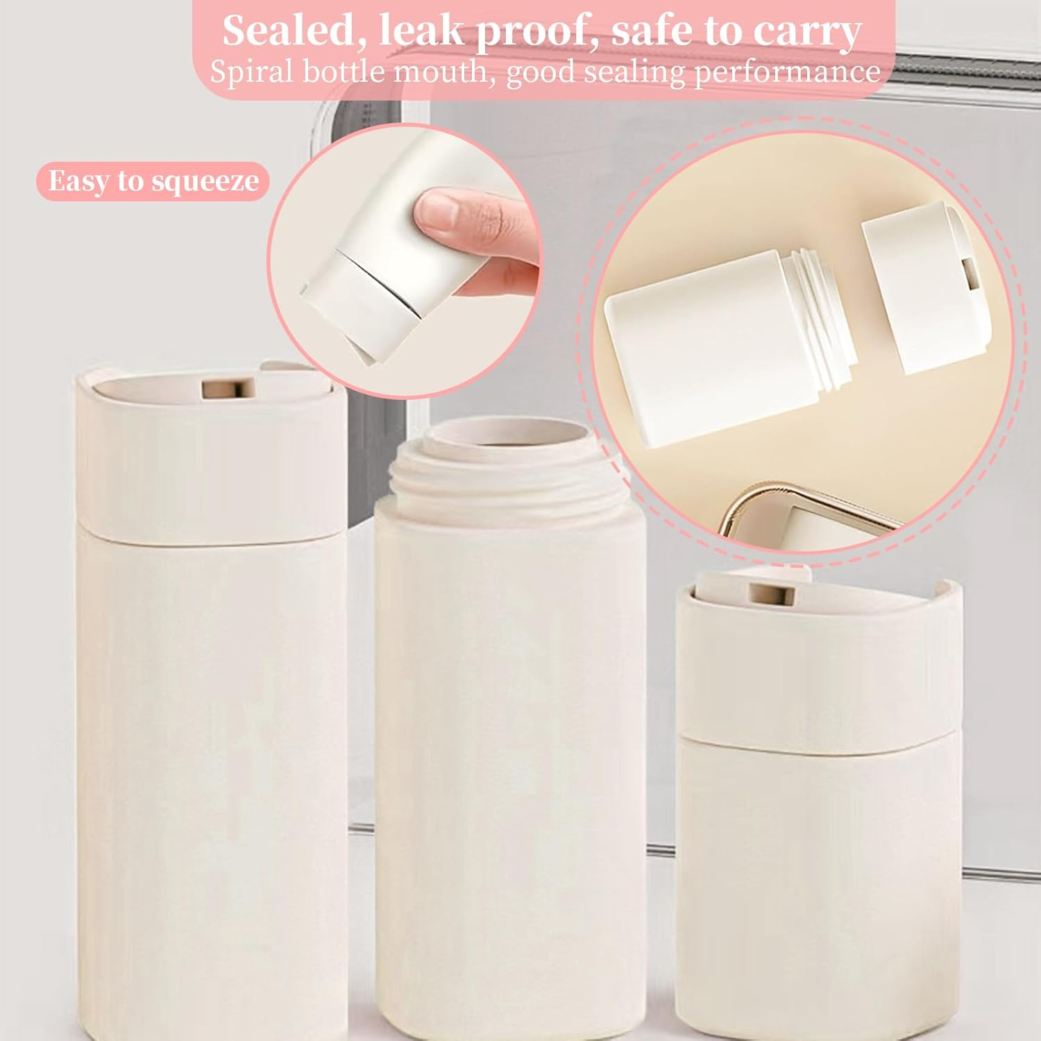 5 PCS Travel Cream Dispenser Bottles Set, TSA Approved Leak-Proof Toiletry Containers for Shampoo, Lotion, Cosmetics, Modern Portable Dispenser Bottles for Air Travel, Gym, Vacation (White) image number 5