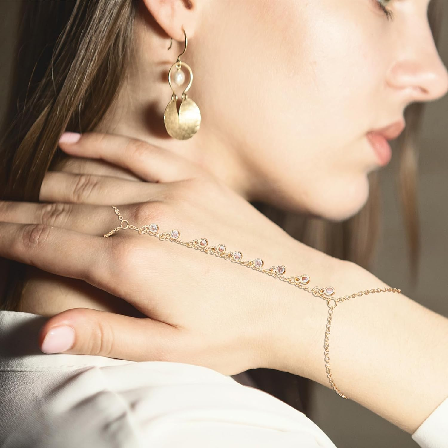 Gold Plated Women'S Bracelet, Gold Plated Hand Chain Finger Ring Bracelet Hand Chain Bracelet for Women Fashion Jewelry Gift Accessories, Medium, No Gemstone