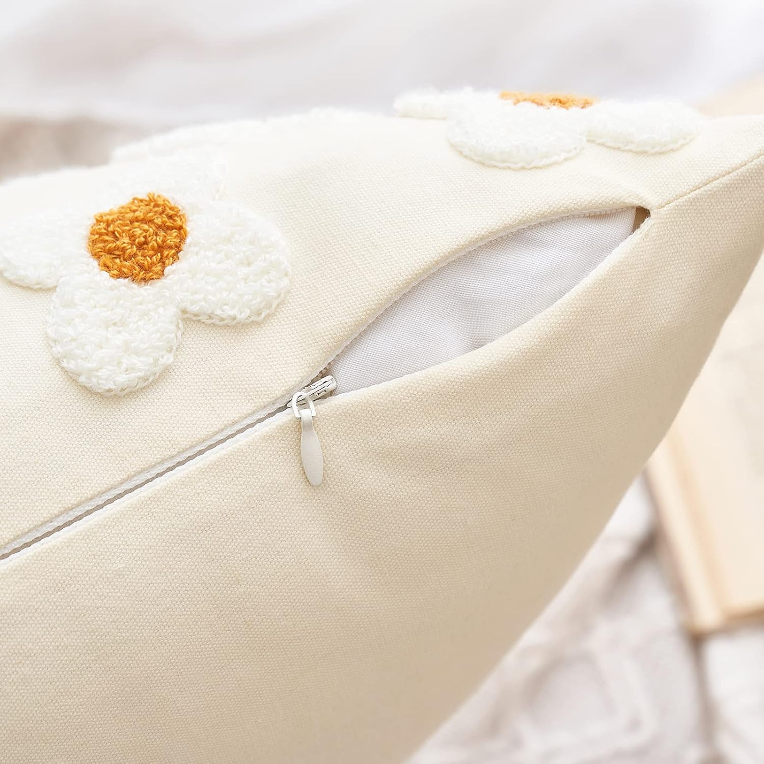 EMEMA Decorative Throw Pillow Covers Sun Flower Jacquard Pillowcase Cushion Case Square for Couch Sofa Bed Living Room Bedroom Set of 2, 18X18 Inch, Beige