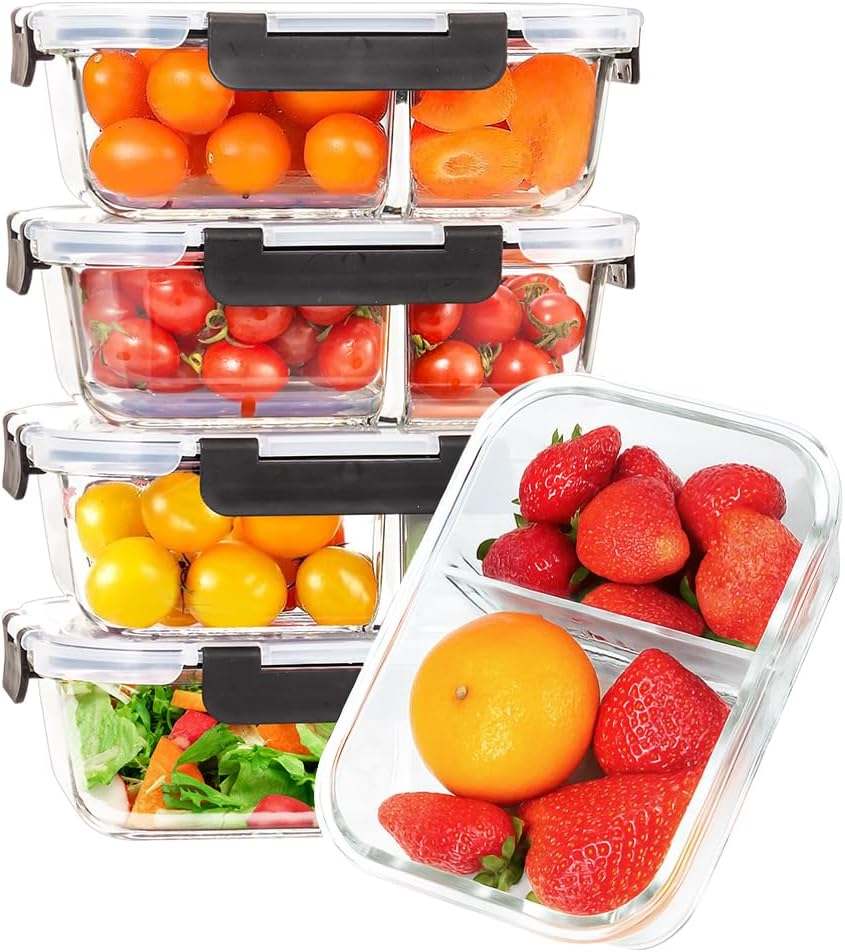 ZUNI 5 Pack 1040Ml(35Oz) Glass Food Storage Containers 2 Compartments, Glass Meal Prep Food Containers with Plastic Lids, Airtight Lunch Box, Microwave, Oven and Freezer Safe image number 5