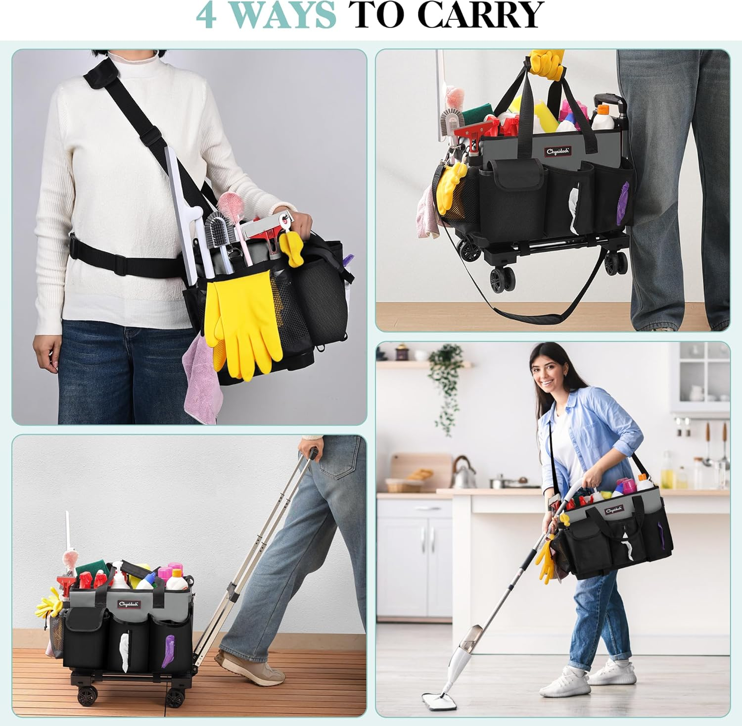 Chyaidach Rolling Cleaning Caddy, Cleaning Supplies Organizer with Trolley, Wearable Cleaning Tote Bag on Wheels with Hard Bottom, Cleaning Carts for Housekeepers/Home/Car/Office/Picnic (Grey) image number 6