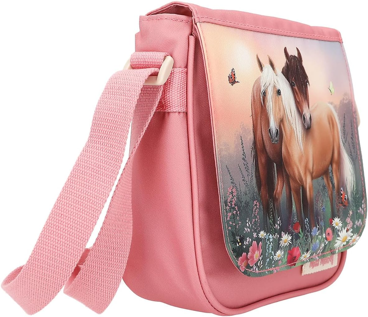Depesche Miss Melody Flowers 12762 Small Shoulder Bag in Pink with Horse Motif, Bag with Magnetic Closure and Adjustable Shoulder Strap