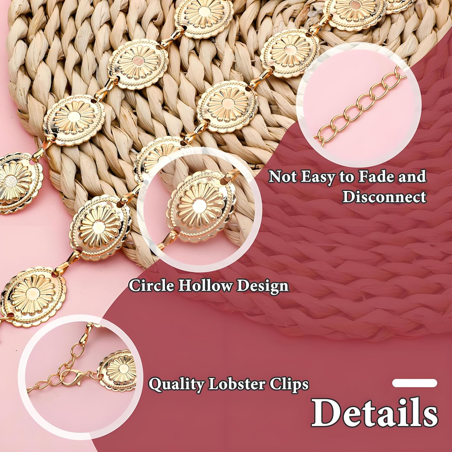 GOEDEKE Gold Daisy Chain Belt, Western Metal Concho Belt, Adjustable Boho Waist Chain, Golden, Women'S Waist Chain image number 6