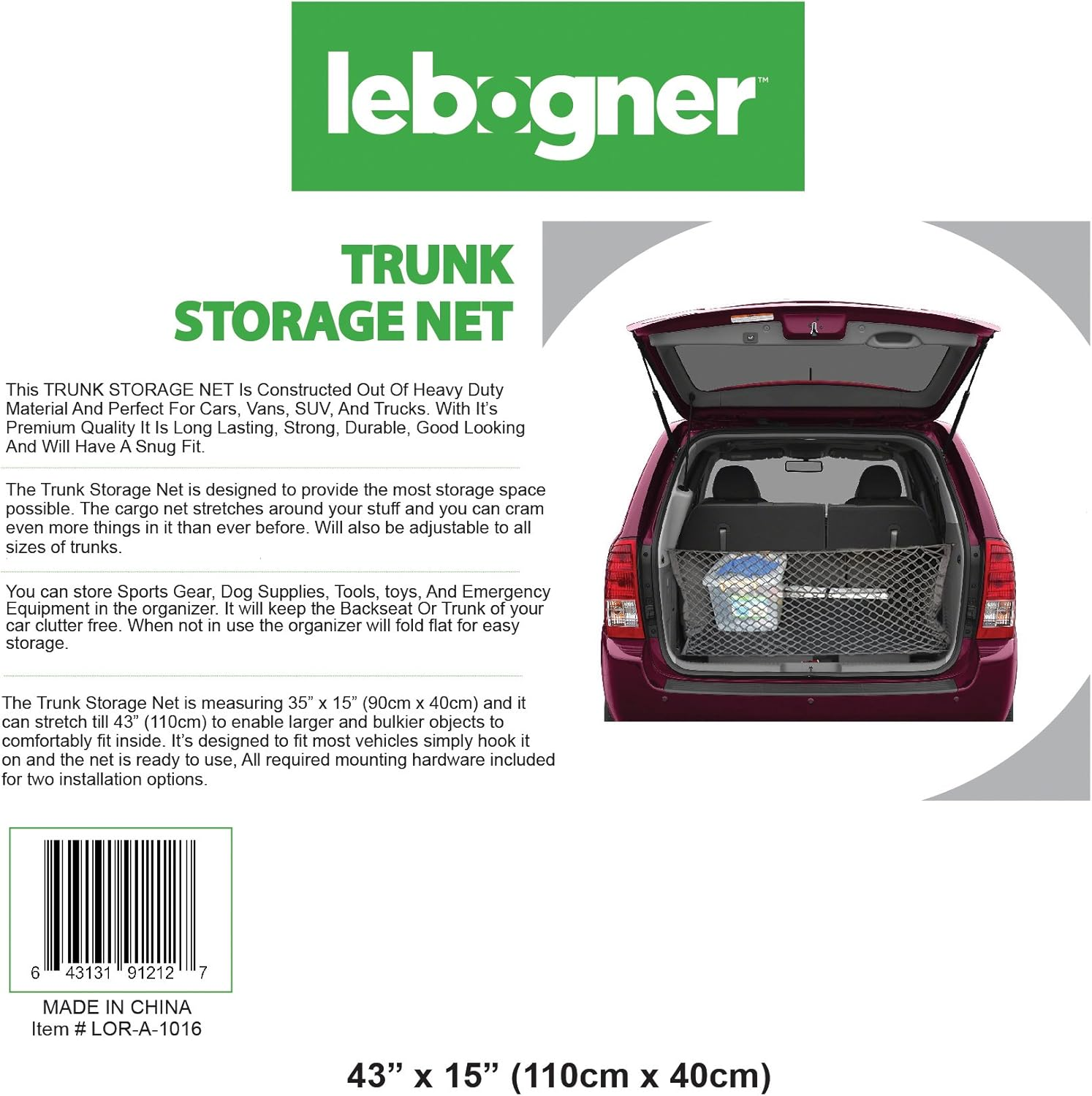 Lebogner Trunk Storage Net Car Trunk Organizer, Mesh Net Hammock Cargo Storage Vehicle Organizer with 3 Mounting Options, Premium Quality Universal Fit Car Organizer image number 5