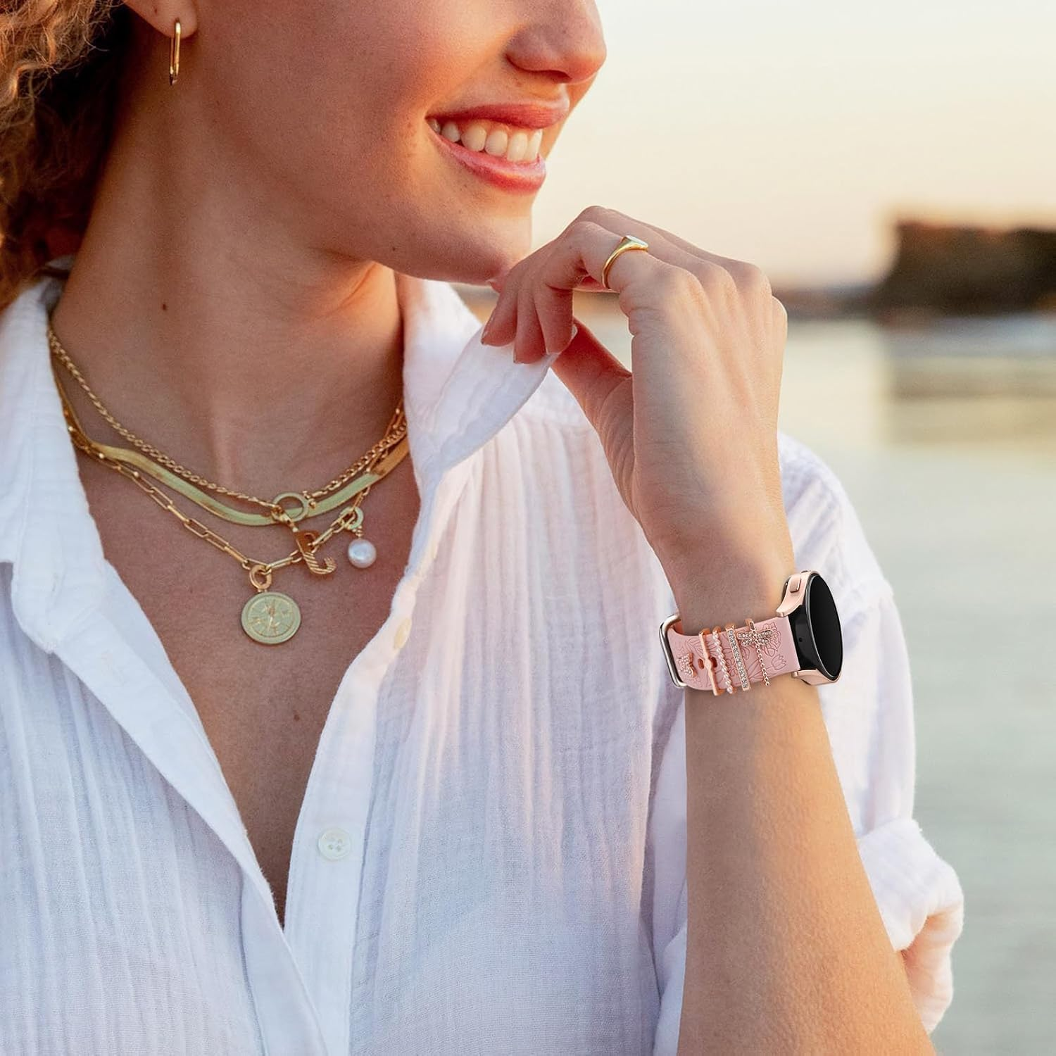 Getino Flower Engraved Band Compatible with Samsung Galaxy Watch 7 Band/Fe 6 5 4 40Mm 44Mm,Galaxy Active 2, 20Mm Watch Band Soft Silicone Replacement Strap with Decorative Charms Accessories Women - Milktea Love image number 6