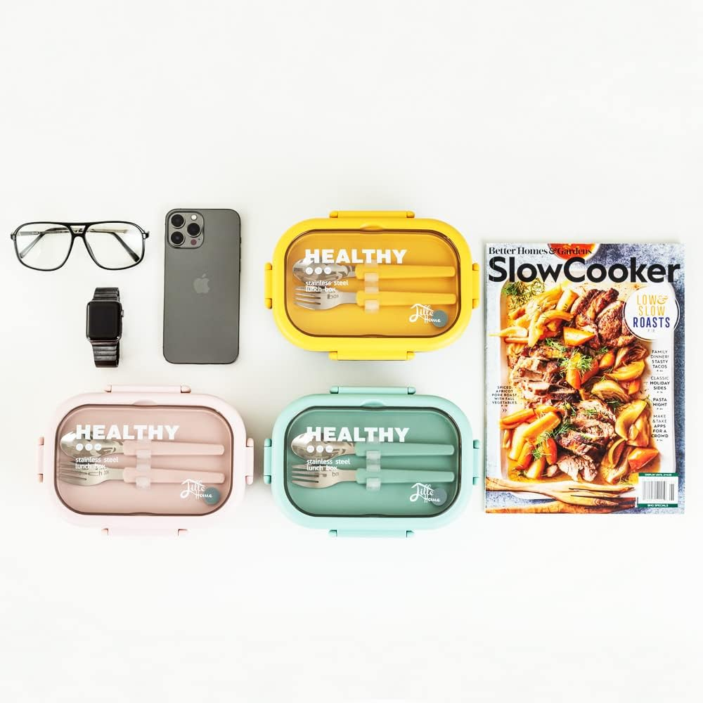 Lille Home 28Oz Stainless Steel Leakproof 2-Compartment Bento Lunch Box/Portion Control Food Container with Lunch Bag and Cutlery Set, BPA Free (Green) image number 4