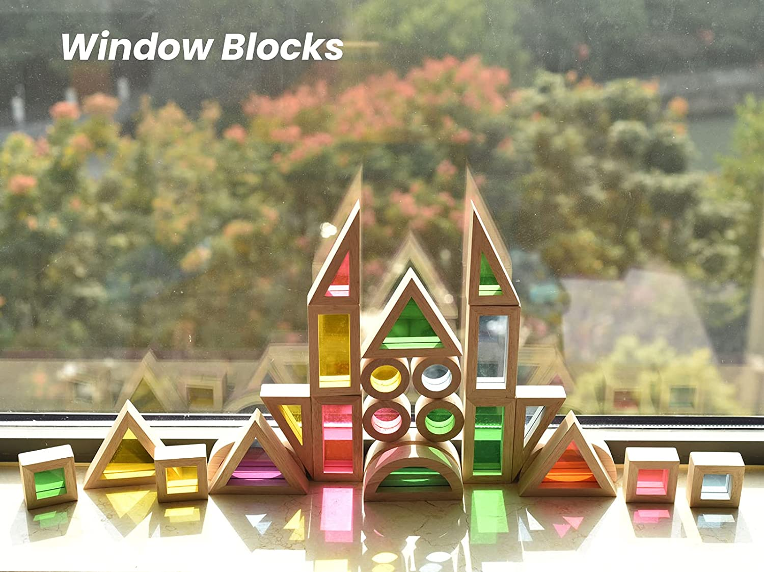 BOHS Rainbow Acrylic Blocks (24 Pcs) - Wooden Toys for Toddlers- Play on Light Table/Sunny Window image number 1