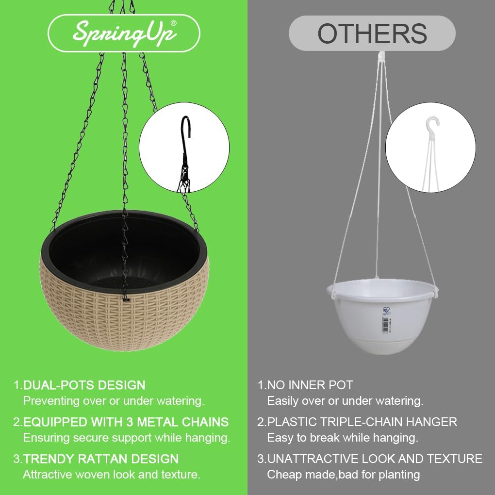 Springup 2 Pack 8.3 Inch Hanging Planters for Indoor Outdoor Plants, Trendy Rattan Design Hanging Flower Pots with Drain Holes, Plant Containers for Garden,Home Decoration,Gift (White) - Dark Grey image number 6