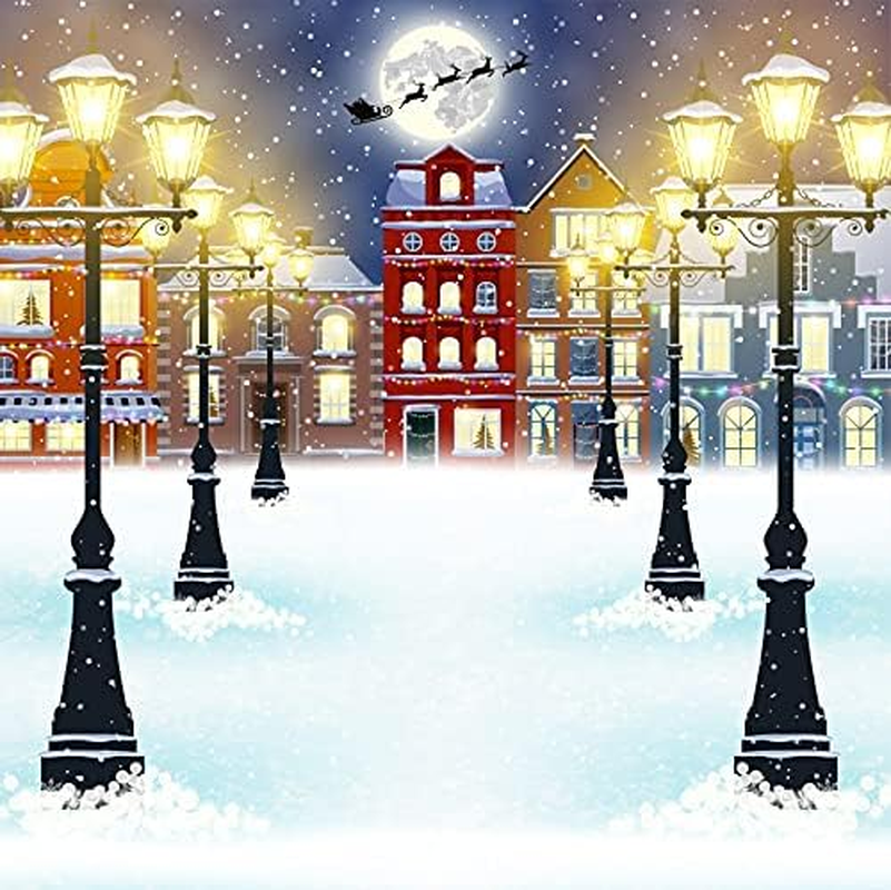 6 X 6 Ft Winter Night Cityscape Polyester Background Merry Christmas Bright Street Lights Backgrounds Western Building Snowy Full Moon Background Christmas Eve Party Banner