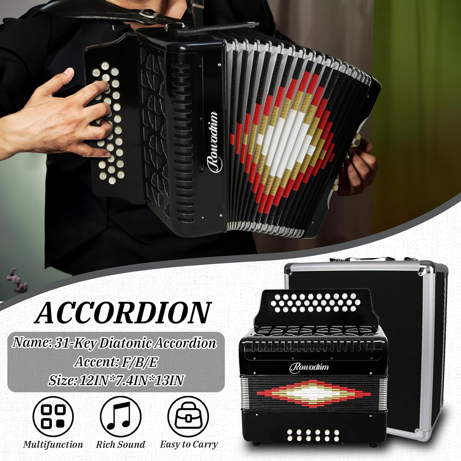 Accordion - 31 Keys, 12 Bass Professional Diatonic, Premium Portable Button Accordion for Adults & Beginners with Thick Protective Case (Black)