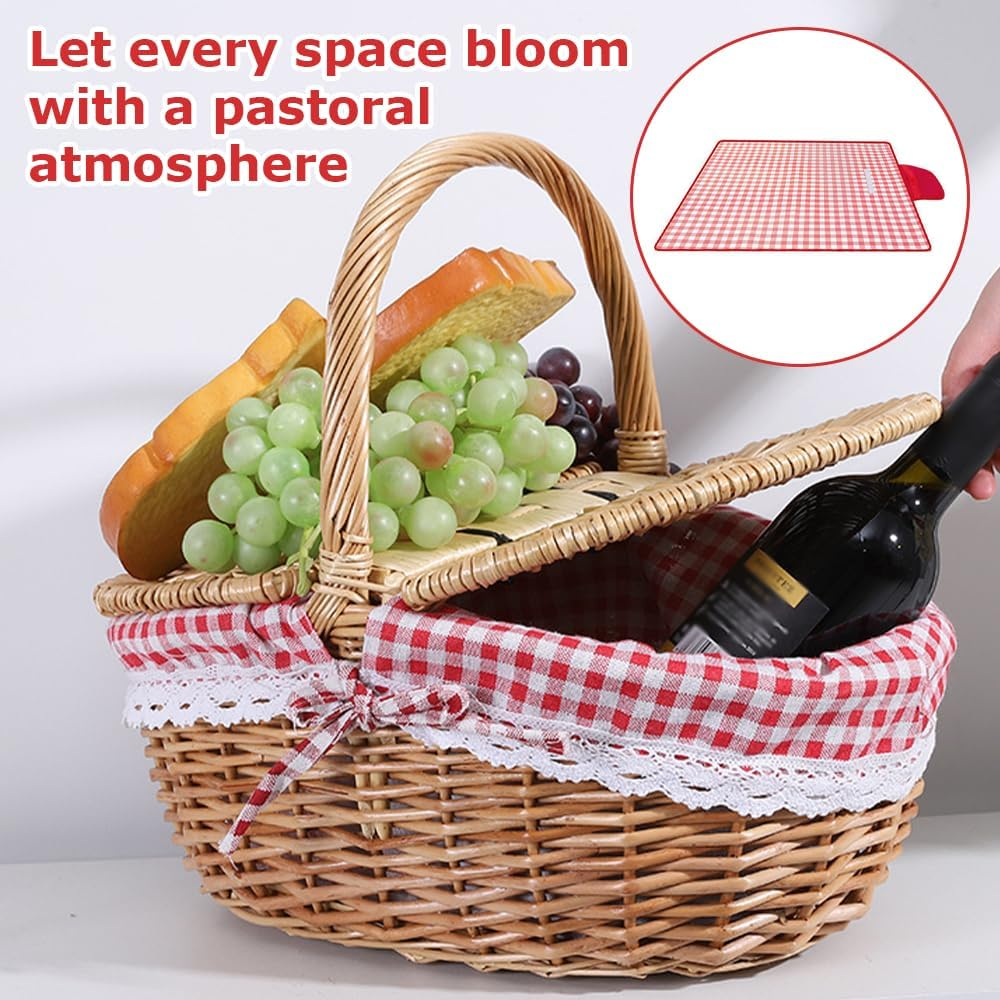 Picnic Basket, Woven Wicker Baskets,Hand Knit Storage Container,Portable Camping Organization,Handheld Rattan Decorative Hamper,Weaving Hamper,With a Picnic Mat image number 1