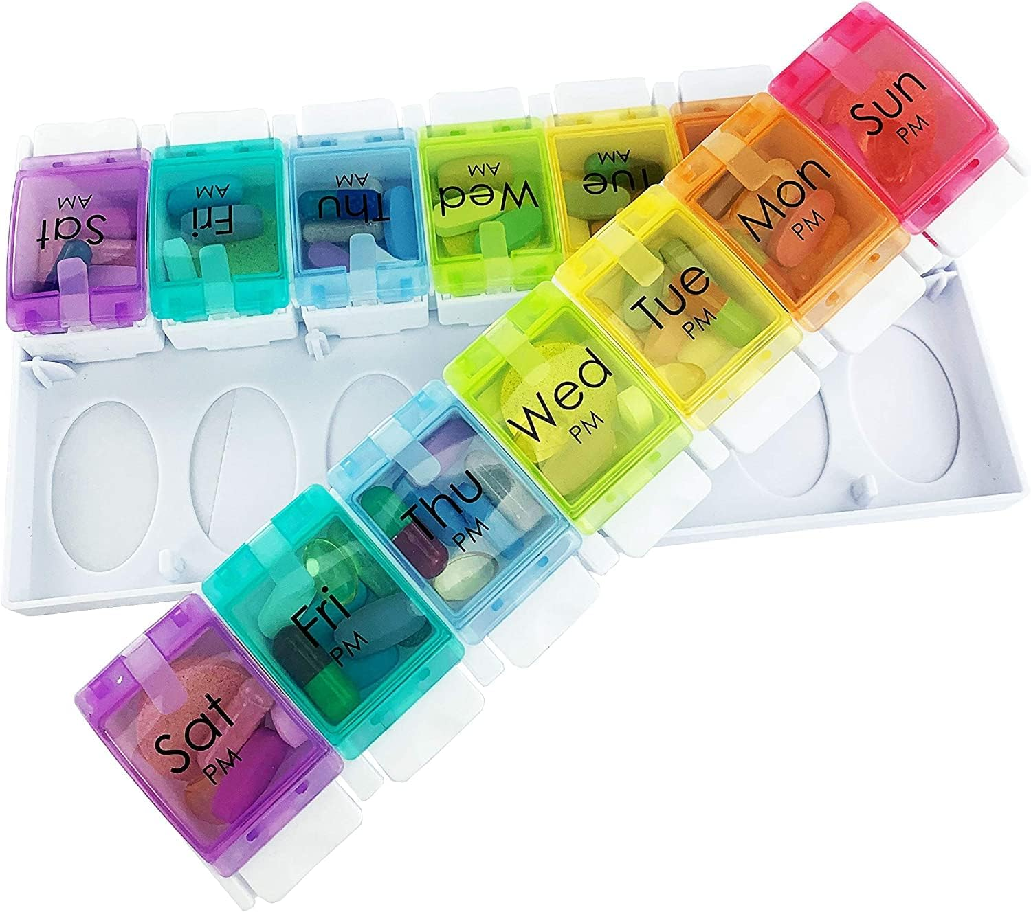 AM PM Weekly 7 Day Pill Organizer (Twice-A-Day)， Large Daily Pill Cases with Easy Push Button Design for Pills/Vitamin/Fish Oil/Supplements - Rainbow image number 1
