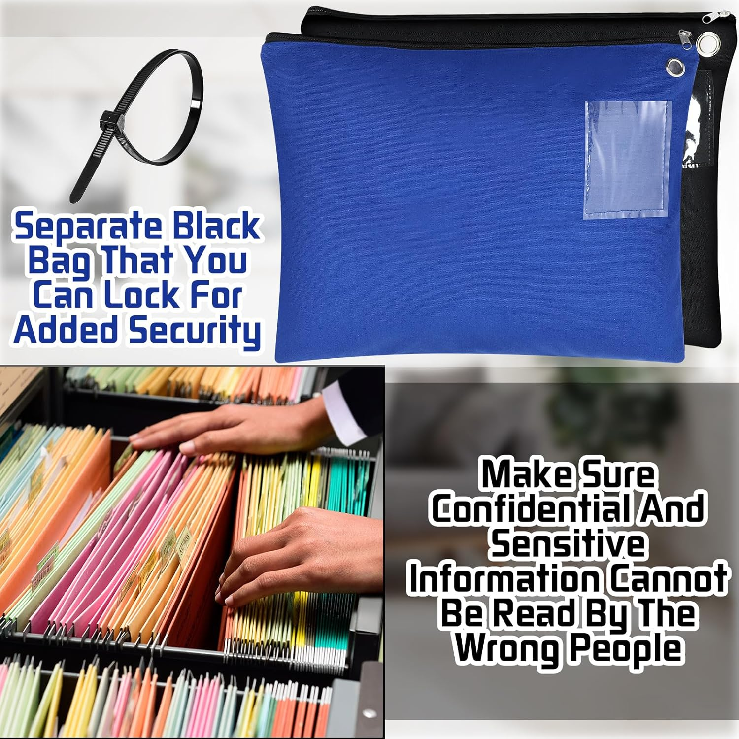 Humyoun 2 Pcs Interoffice Mailer Canvas Transit Sack Zipper Bag 18" X 14" Large Zipper Pouch with Grommet Interoffice Mail Bag (Black,Blue) - 2, Black, Blue image number 1