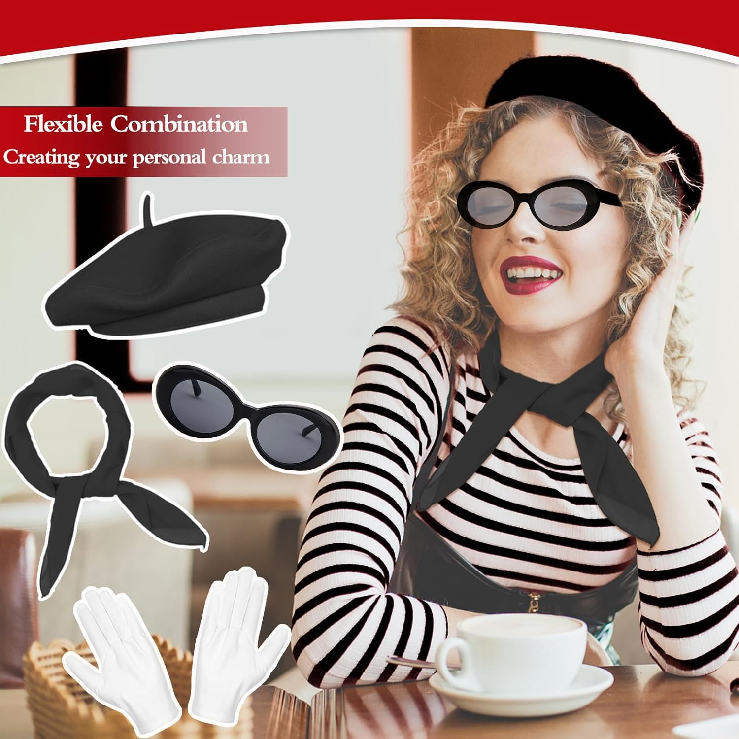 French Women Fancy Dress Costume Accessories Set French Artist Mime Kit with Red Beret Scarf Sunglasses Gloves for Women Girls Cosplay Party Supplies School Dress up Day image number 5