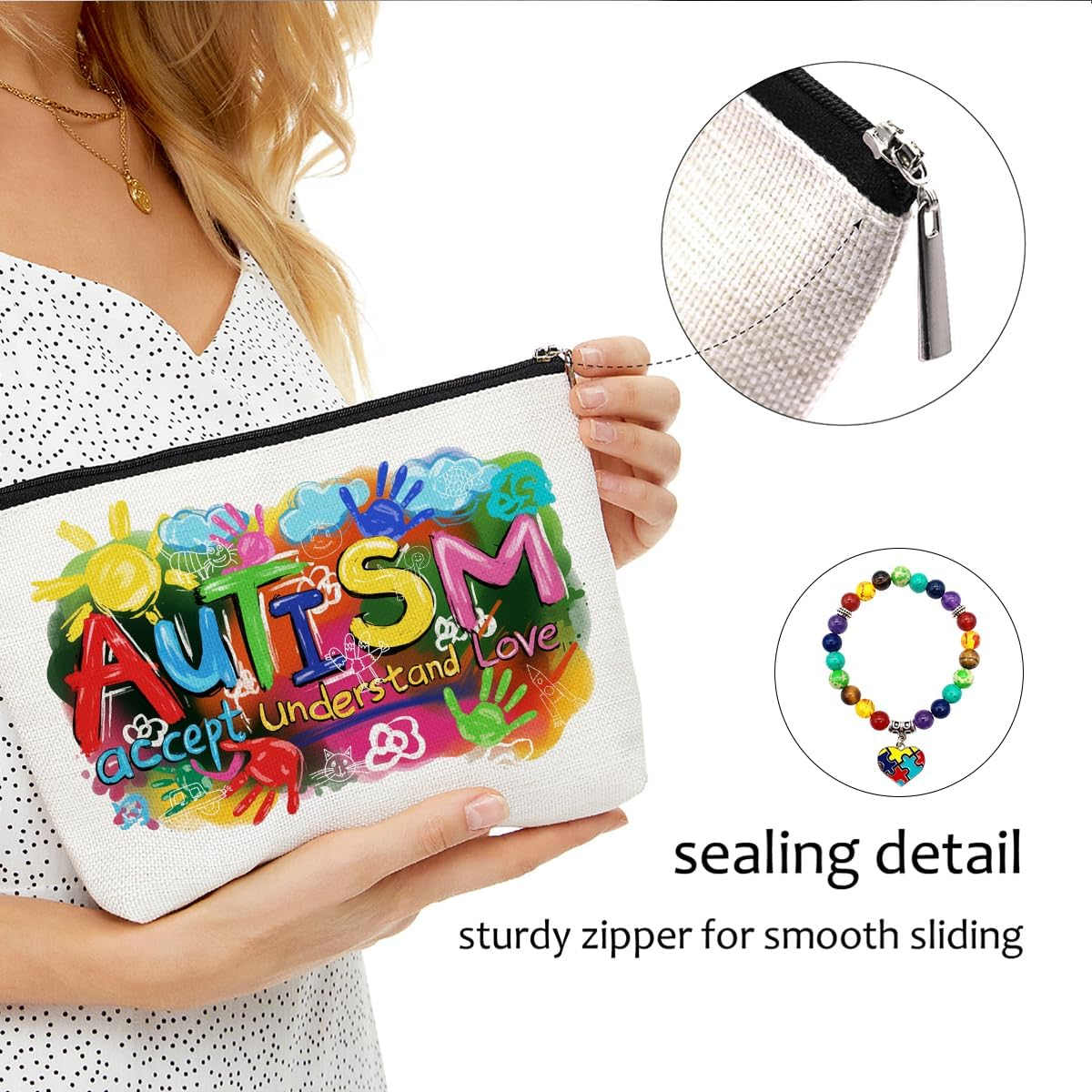 Autism Colorful Painting Makeup Bag for Women Teacher Mom, Large Capacity Makeup Pouch Travel Organizer Toiletry Cosmetic Bag, Autistic Puzzle Elastic Natural Stone Beaded Bracelet, Gifts for Women