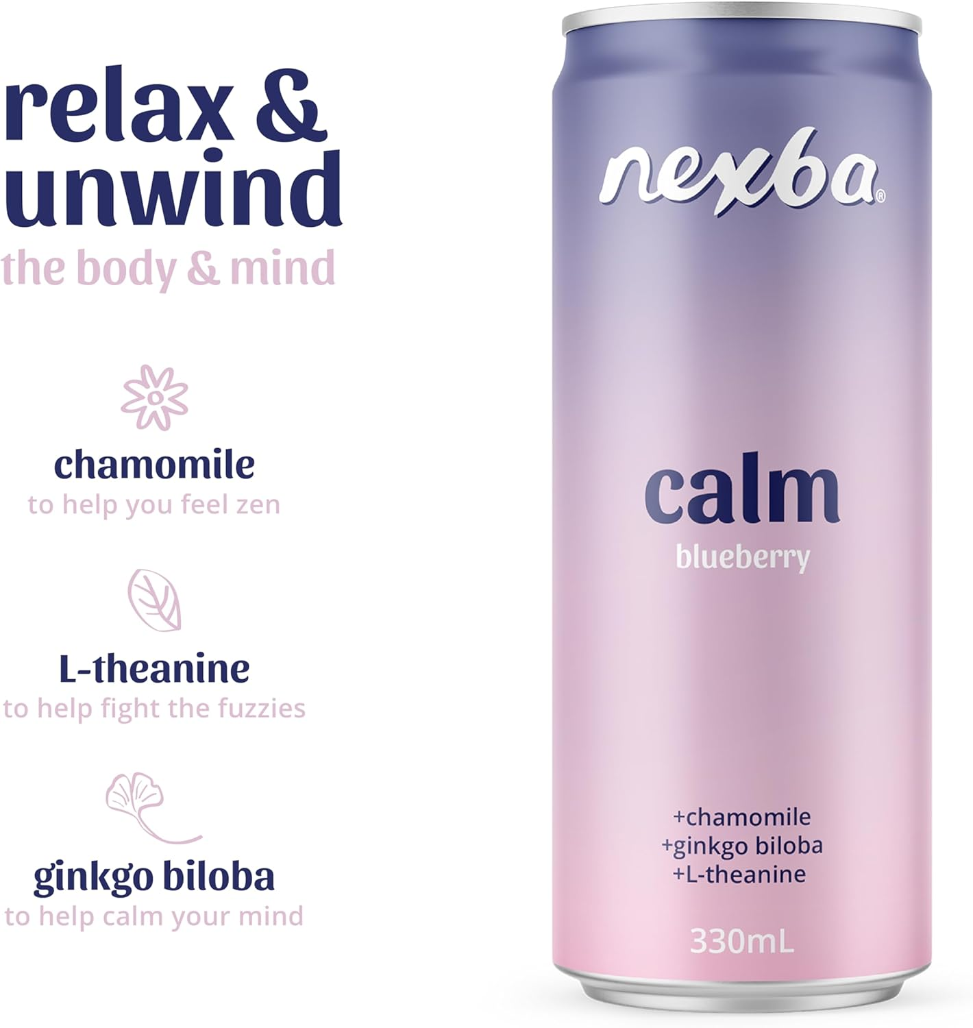 Nexba Nootropics &ndash; Calm &ndash; Blueberry &ndash; All Natural Sugar Free &ndash; 24 X 330Ml Cans image number 3