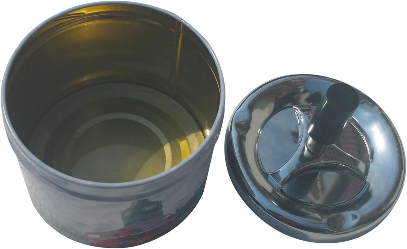 Coralpearl Smokeless Metal Tin Push down Ashtray for Cigarettes Cigars with Spinning Tray Lid Covered Portable Ash Tray Bucket for Home Tabletop,Patio,Sand,Car,Auto,Outdoors,Indoors (British 1) image number 2
