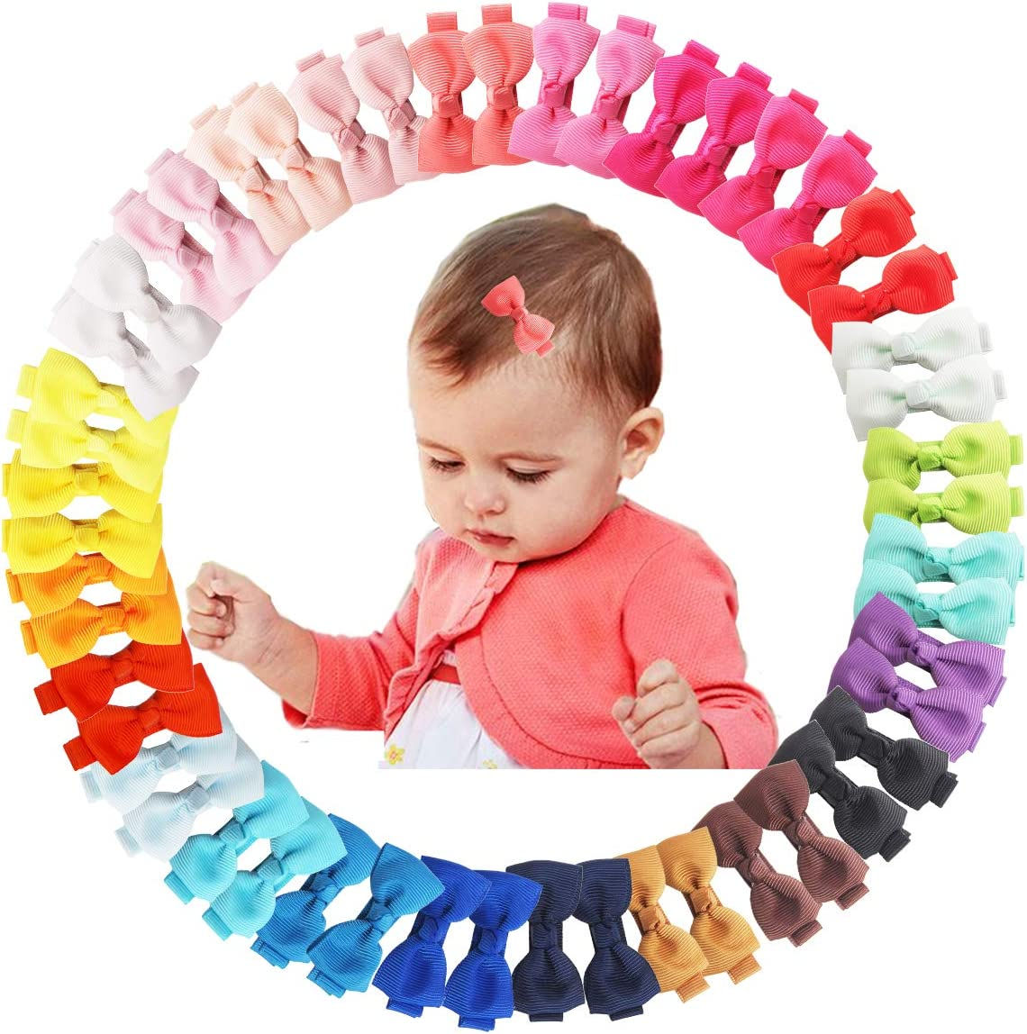 50Pcs 2Inch Mini Hair Clips for Baby Fine Hair Grosgrain Ribbon Hair Bows Clips Fully Lined for Baby Girls Infants Toddlers in Pairs image number 6
