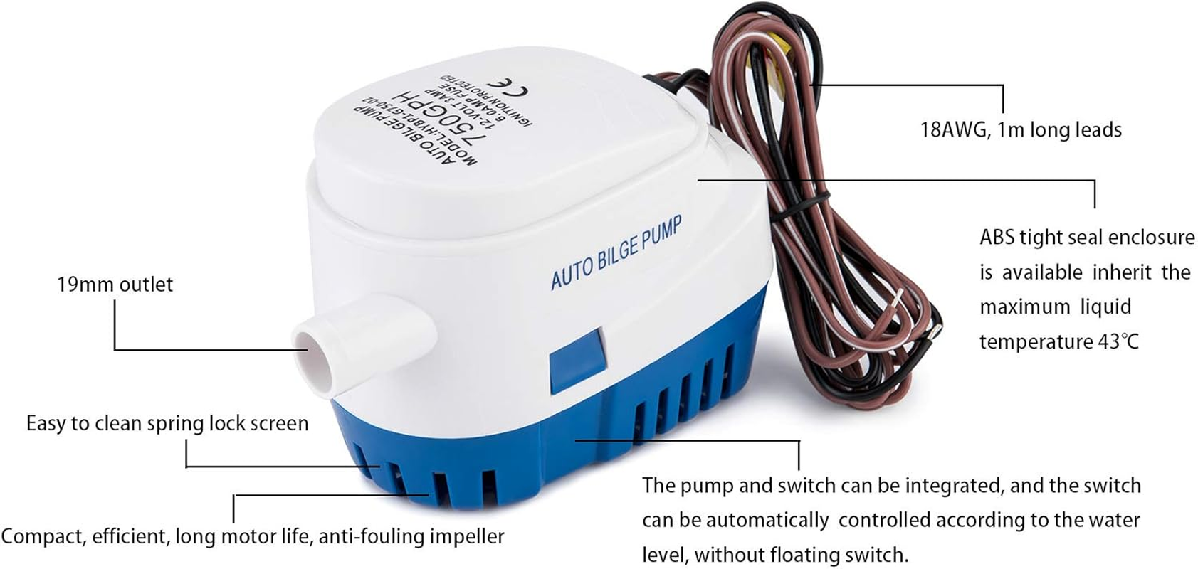 Dontmiss Automatic Submersible Small Boat Bilge Pump 12V 750Gph Auto with Float Switch 3/4 Inch (19Mm) Outlet Dia, Bilge Pumps for Boats image number 3