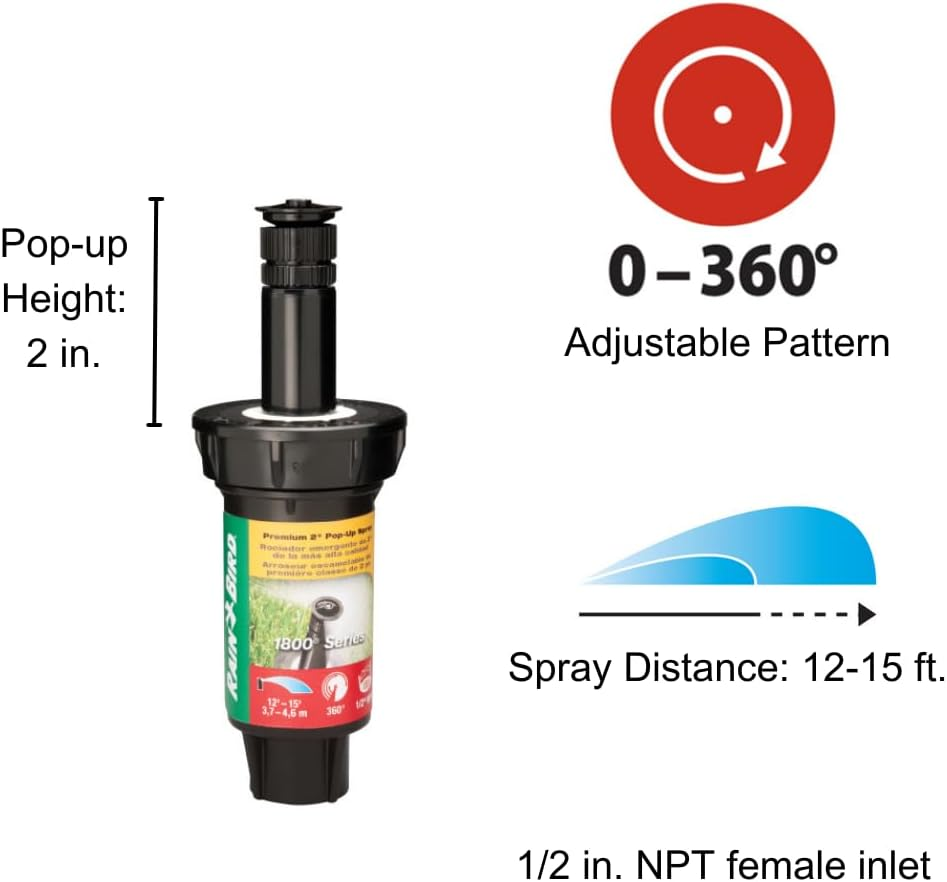 Rain Bird 1802VAN Professional Pop-Up Sprinkler, Adjustable 0-360&deg; Pattern, 8' - 15' Spray Distance, 2" Pop-Up Height - 6" Height image number 4