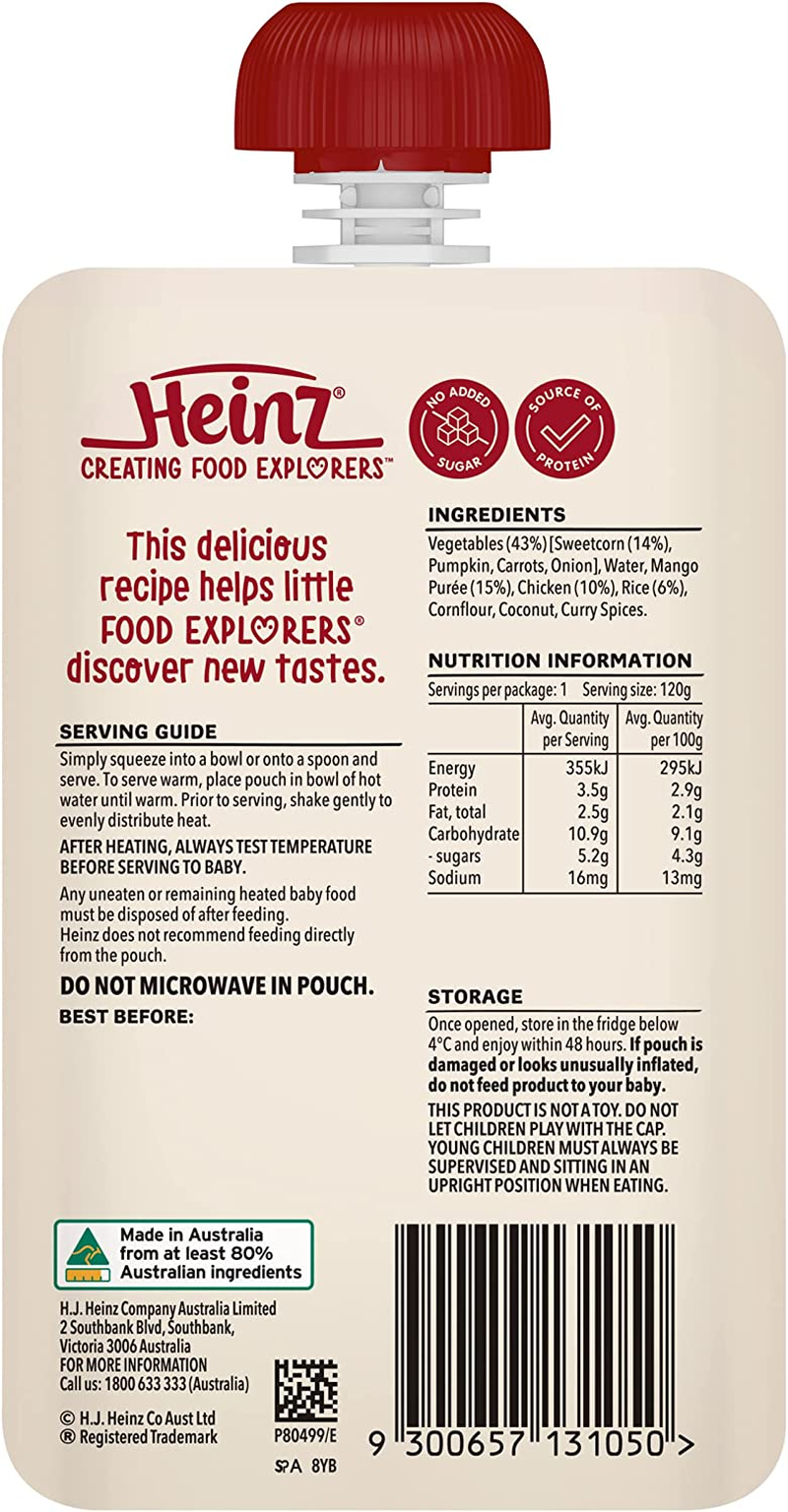 Heinz 6+ Months Chicken, Sweetcorn and Mango Heinz for Baby Baby Food Pouch No Artificial Flavours, No Preservatives, No Added Colours 120G (Pack of 6) image number 1