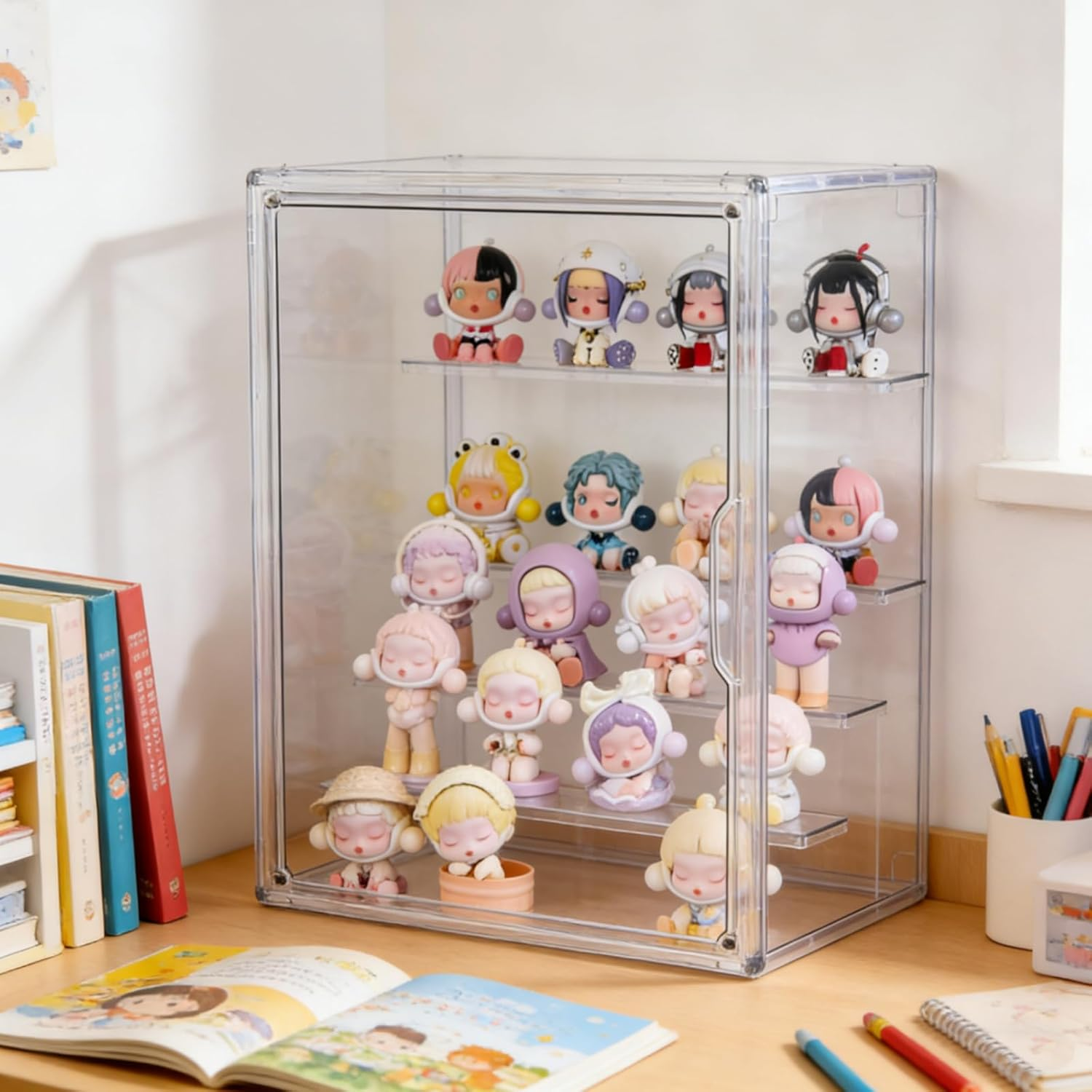 Powerful Acrylic Display Case for Collectibles, 5-Layer Stackable Clear Acrylic Box with Magnetic Movable Panels for  Pop Figure Toys Storage (36X27X22Cm)