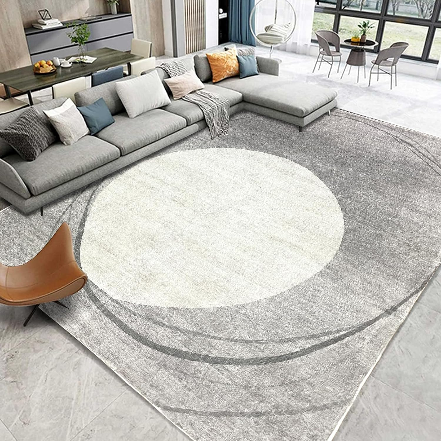 Tinyboy-Hbq Area Rug Short Pile Living Room Carpet Modern Geometric Design Rugs Circular Pattern Rug Non-Slip Decorative Rugs for Bedroom (Light Grey/Beige, 120 * 160Cm)