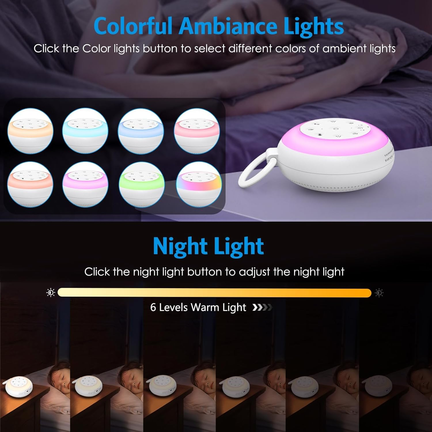 Musotica White Noise Sound Machine for Baby & Adult Sleeping, 24 Soothing Sounds, 7 Color Night Light, 3 Timer Options, Wireless Speaker, Portable Size, Noise Canceling image number 3