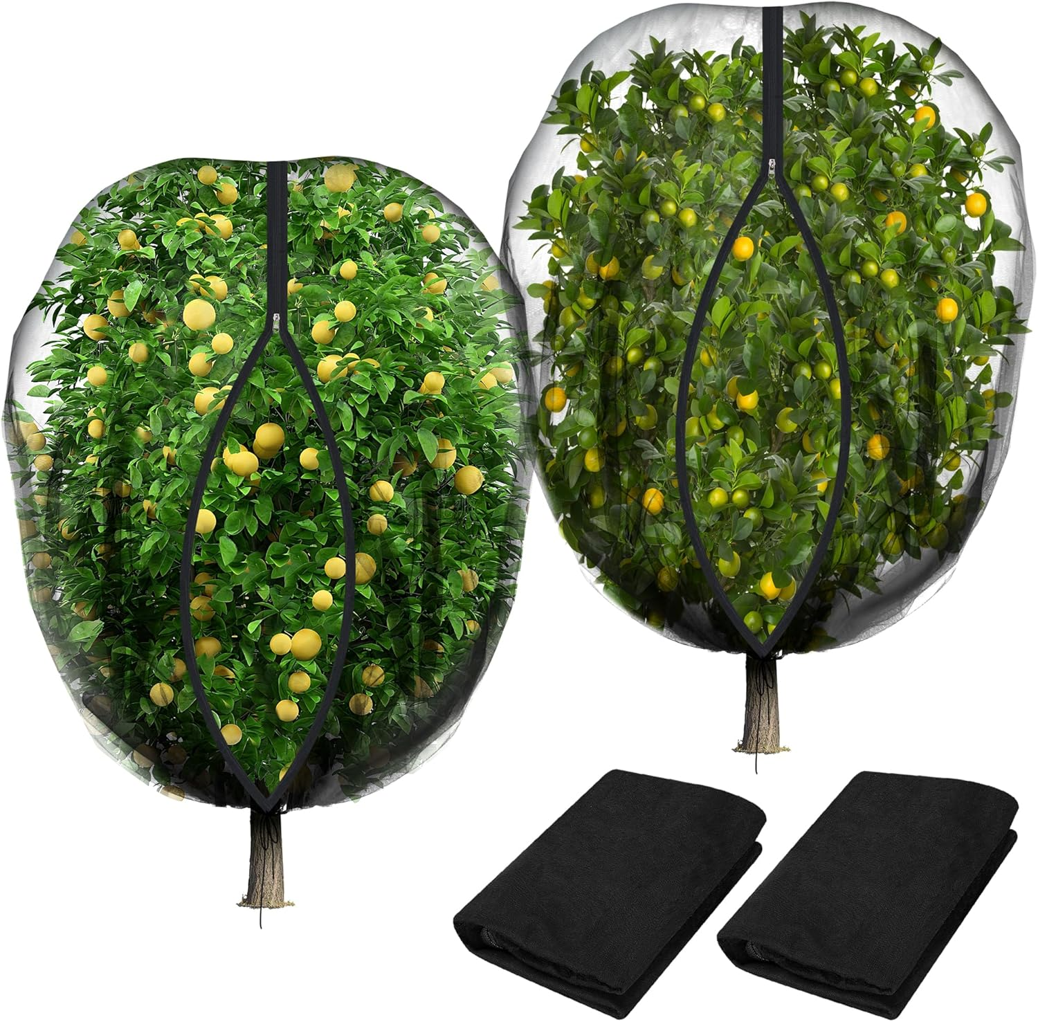 2 Pcs Black Large Fruit Tree Netting with Zipper and Drawstring, 5.3 X 5.3 Ft Breathable Mesh Garden Bird Netting Plant Cover, Insect Bird Barrier Net Mesh for Protect Plants from Squirrel Bugs