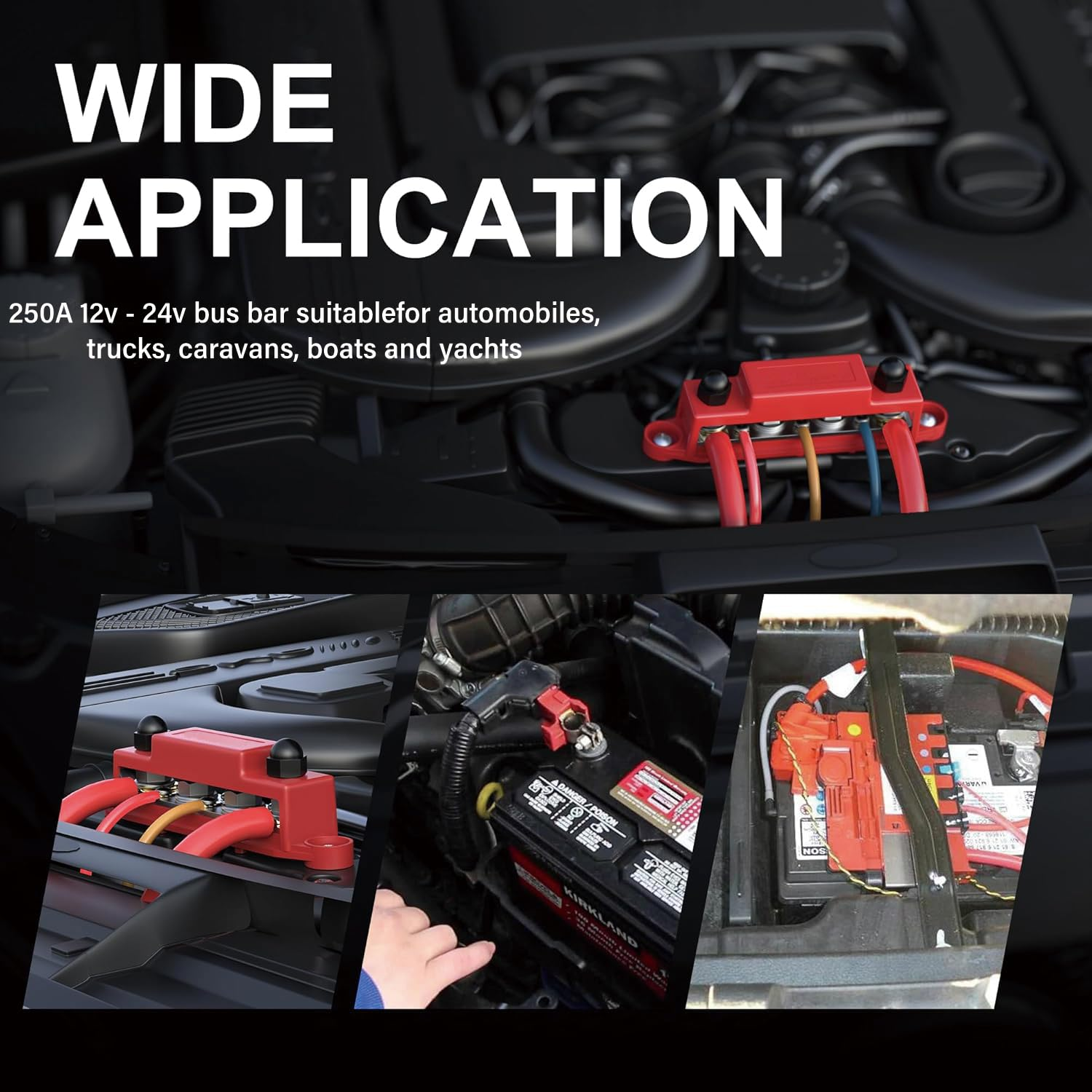 Bus Bar 250A 12V - 24V Power Distribution Block with 5/16" (M8) 4-Posts Terminals Block with Cover for Automotive, Marine, Battery System (Black & Red) image number 6