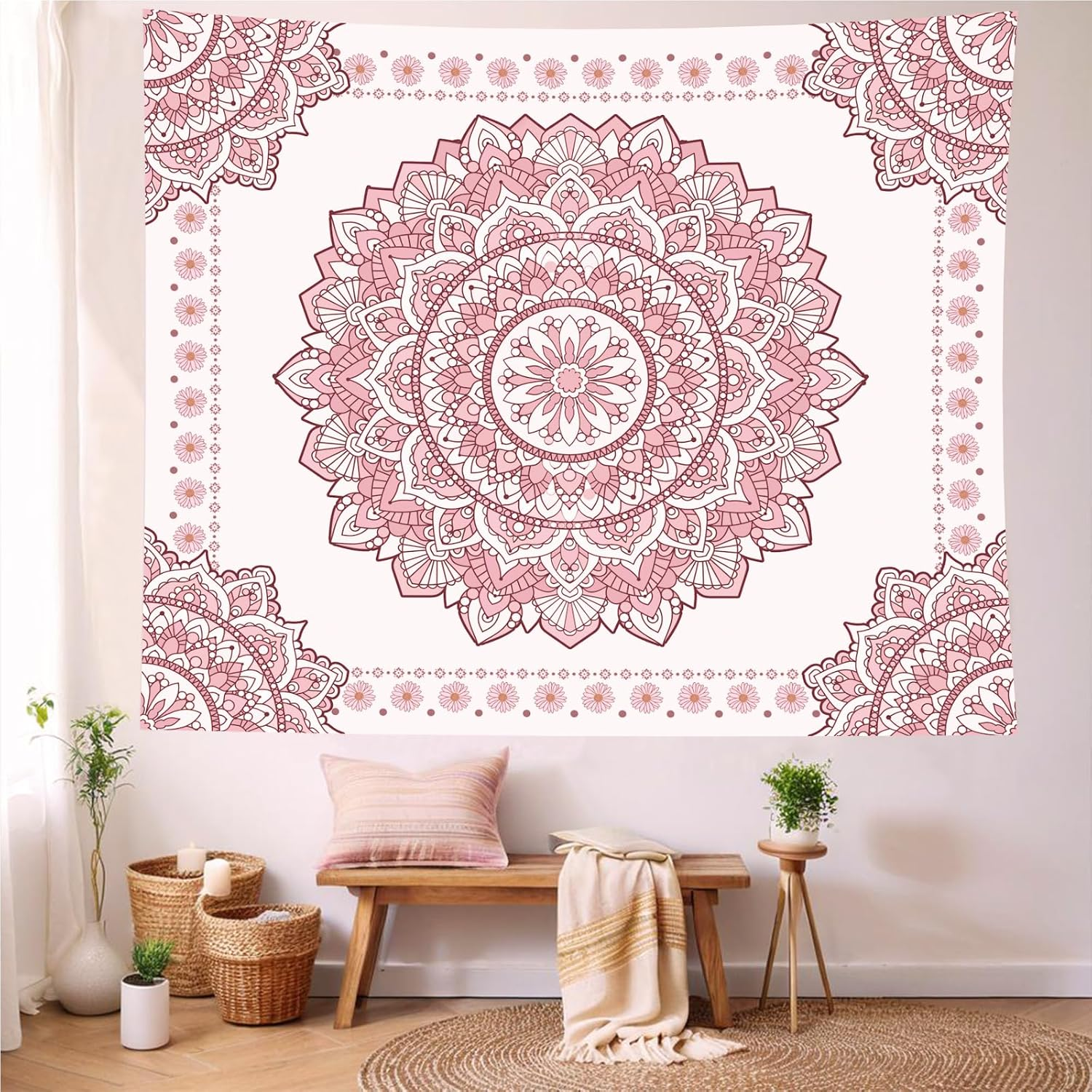 Boho Pink Mandala Wall Tapestry for Bedroom, White and Pink Aesthetic Tapestry Room Decor for Teen Girls, Extra Small Art Floral Wall Hanging for College Dorm 36X48 Inches image number 1