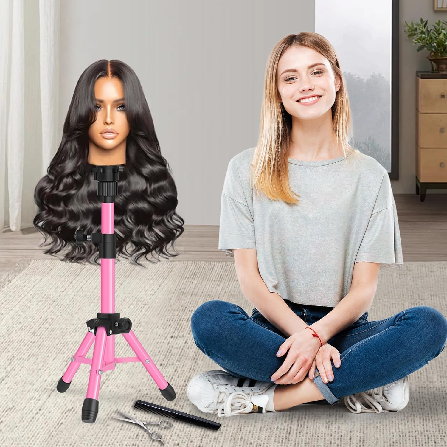 25 Inch Mannequin Head Stand Tripod for Mannequin Head Wig Stand Tripod Wig Head Stand for Training Heads and Canvas Block Head (Mannequin Head Not Included,Pink)