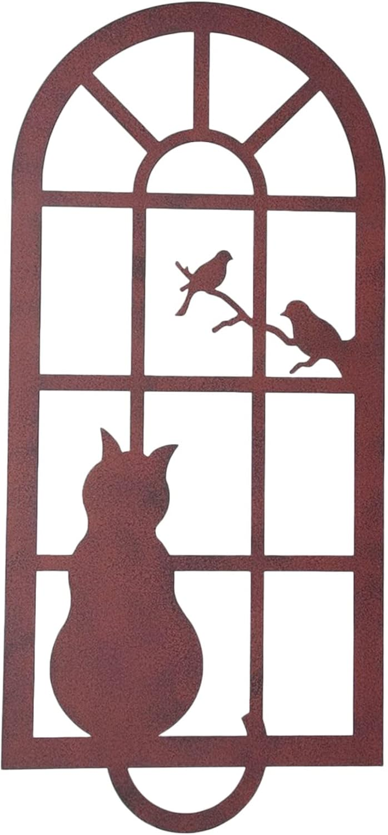 Cat Metal Wall Art Outdoor 22 Inch Bird and Cat Garden Distressed Window Statues, Metal Wall Decor with Frame, Iron Animal Garden Wall Ornament for Home Yard Front Door 56Cm