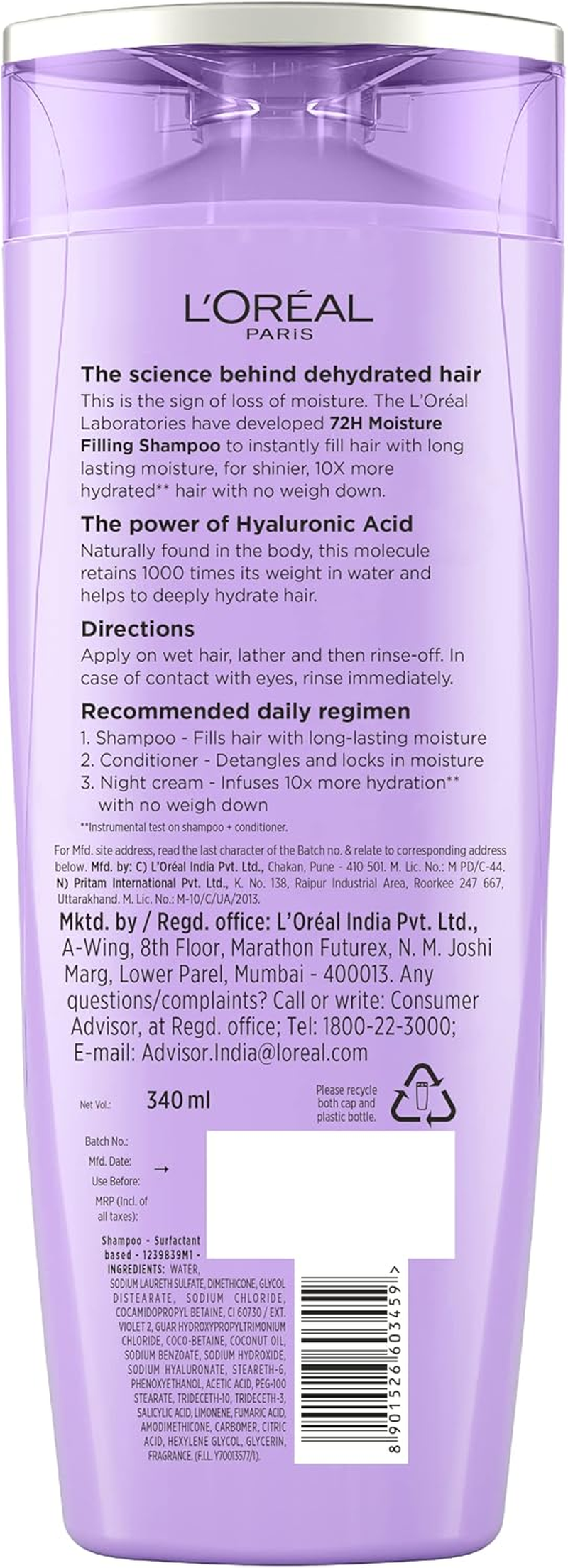 L&rsquo;Or&eacute;al Paris L'Oreal Hyaluron Moisture 72H Moisture Filling Shampoo | with Hyaluronic Acid | for Dry & Dehydrated Hair | Adds Shine & Bounce 340Ml