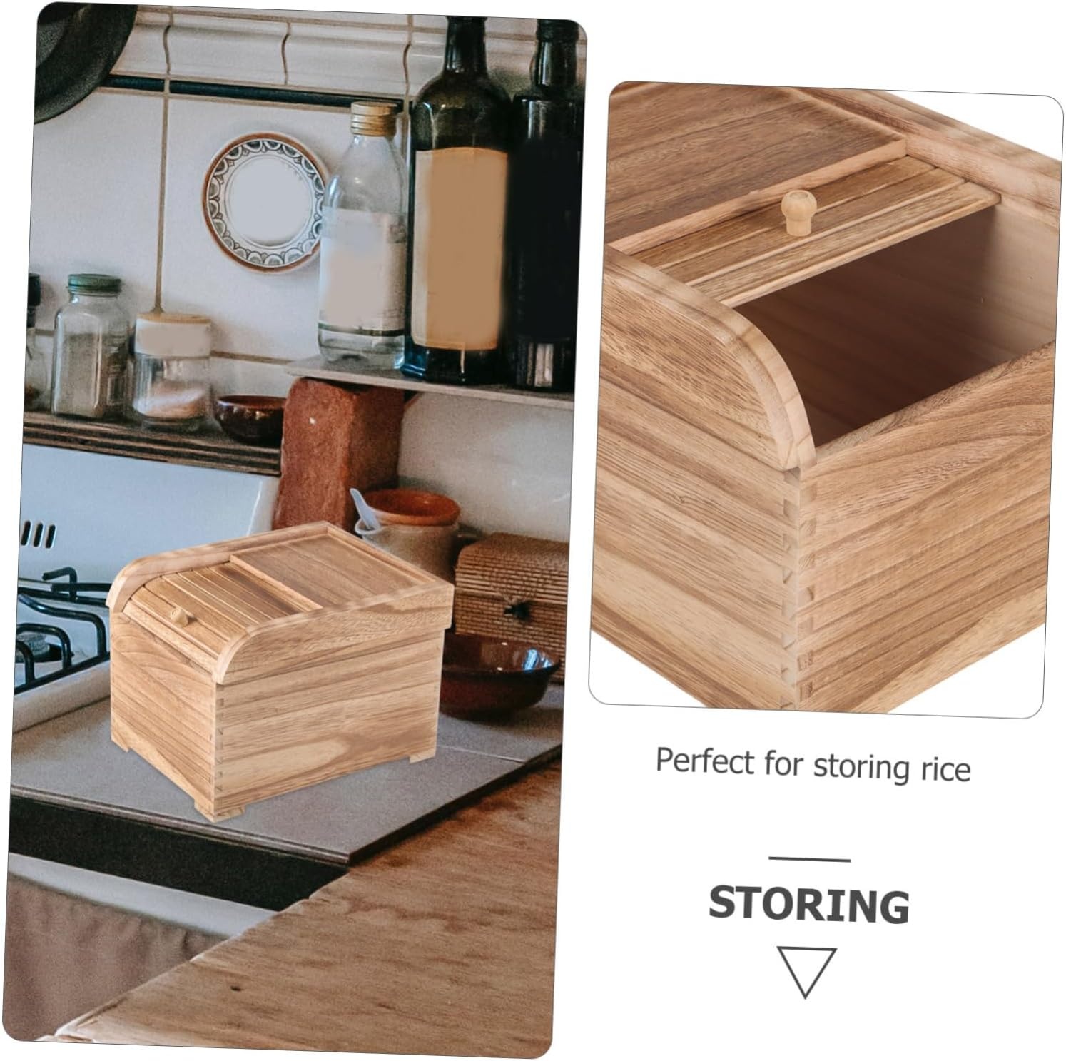 MOLUCKFU Sealed Solid Wood Rice Storage Container Large Food Bucket Moisture-Proof Kitchen Storage Bin Rolling Lid for Pantry Organization image number 1