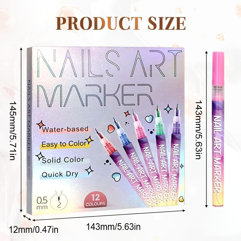 12-Color Nail Pen Set, Entiretotal 12 Colors Pens Set, Quick Dry Nail Pens, Nail Art Marker Drawing Painting Liner Pen 3D Nail Polish Pens Quickly Dry Nail Art Nail DIY Decoration image number 6